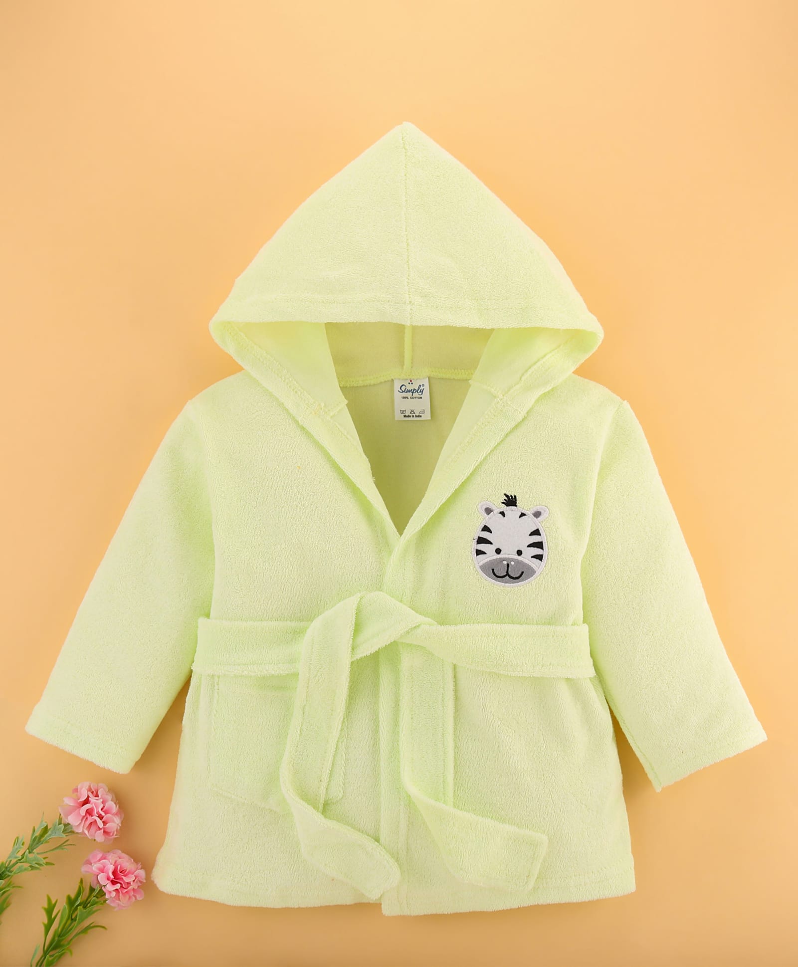 Simply Terry Knit Full Sleeves Hooded Bathrobe With Zebra Embroidery - Lime Green-image-27