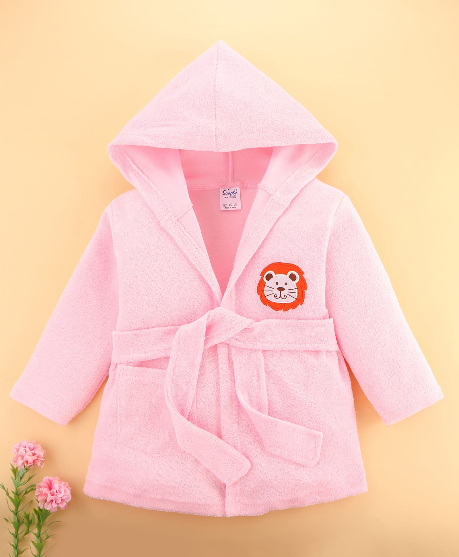 Simply Terry Knit Full Sleeves Hooded Bath Robe with Lion Embroidery - Pink-image-43