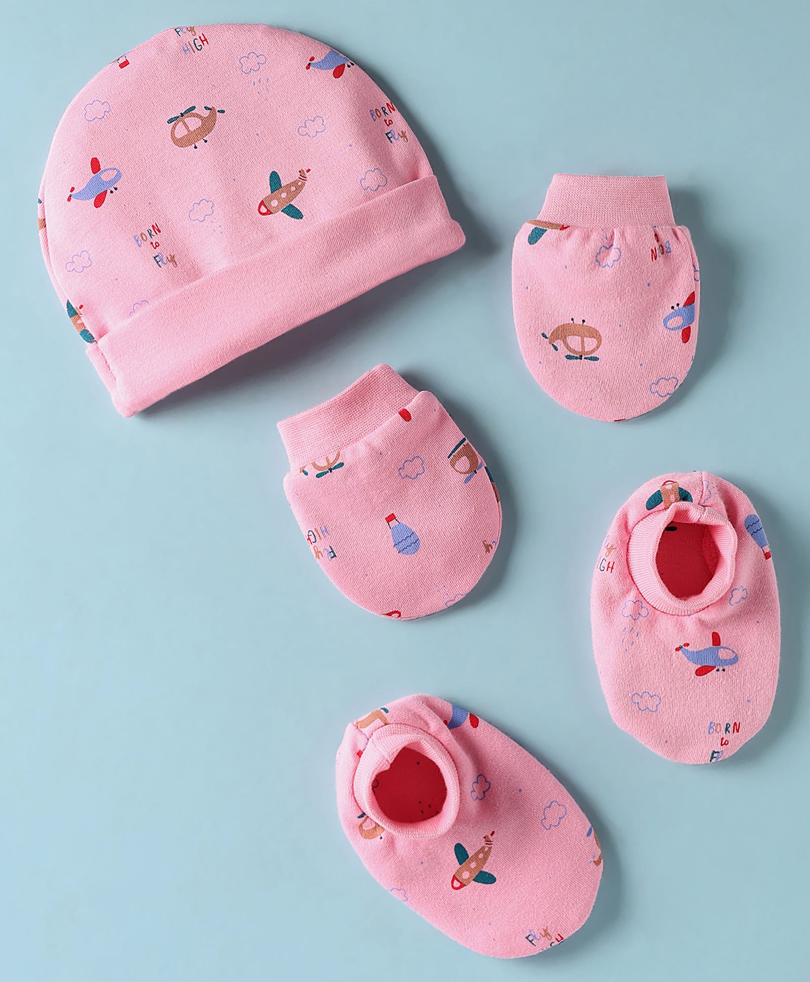 Simply Interlock Knit Cap Mitten & Booties Set with Airplane Print Pink - Diameter 14 cm-image-30