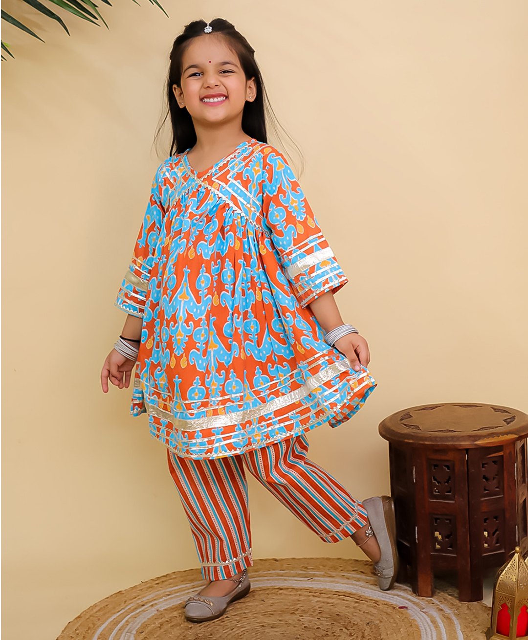 The Mom Store Cotton Knit Three Fourth Sleeves Abstract Printed Gota Lace Embellished Kurti Pant Set - Multi Colour-picture-4