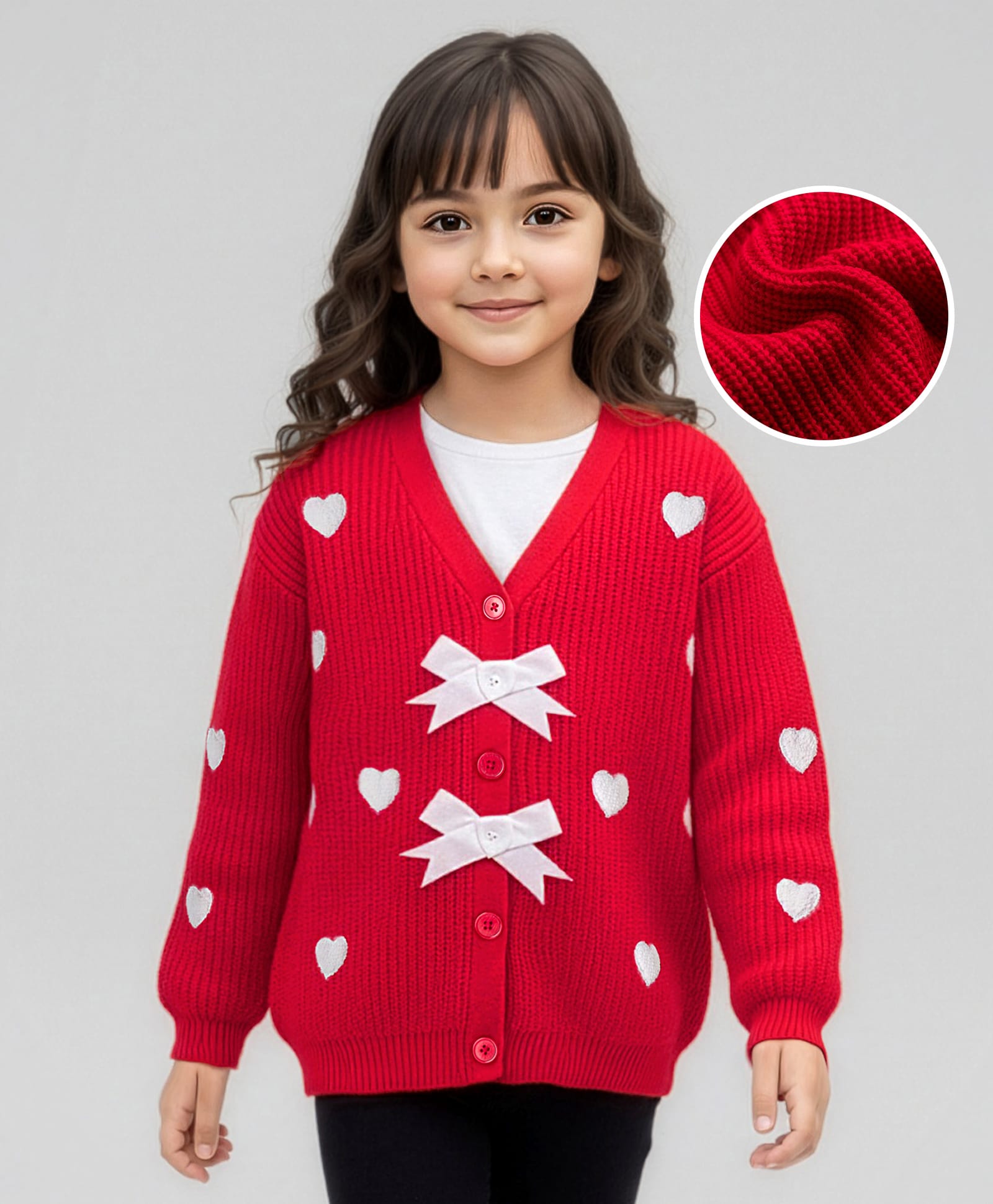 Arias Knitted Full Sleeves Front Open Sweater with Heart Embroidery & Bow Applique - Red-image-47