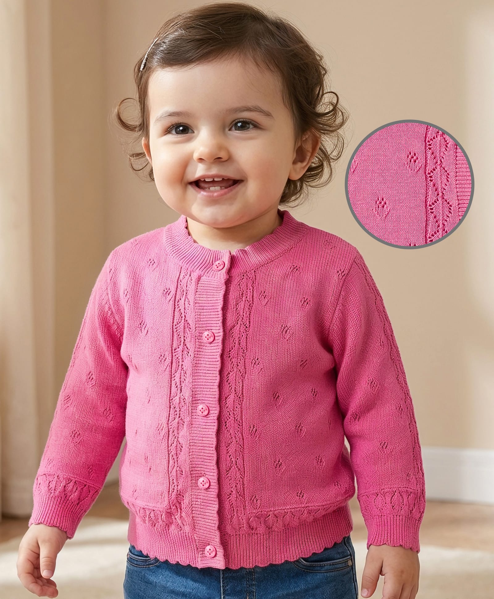 Babyoye Cotton Knit Front Open Sweater With Floral Design - Pink