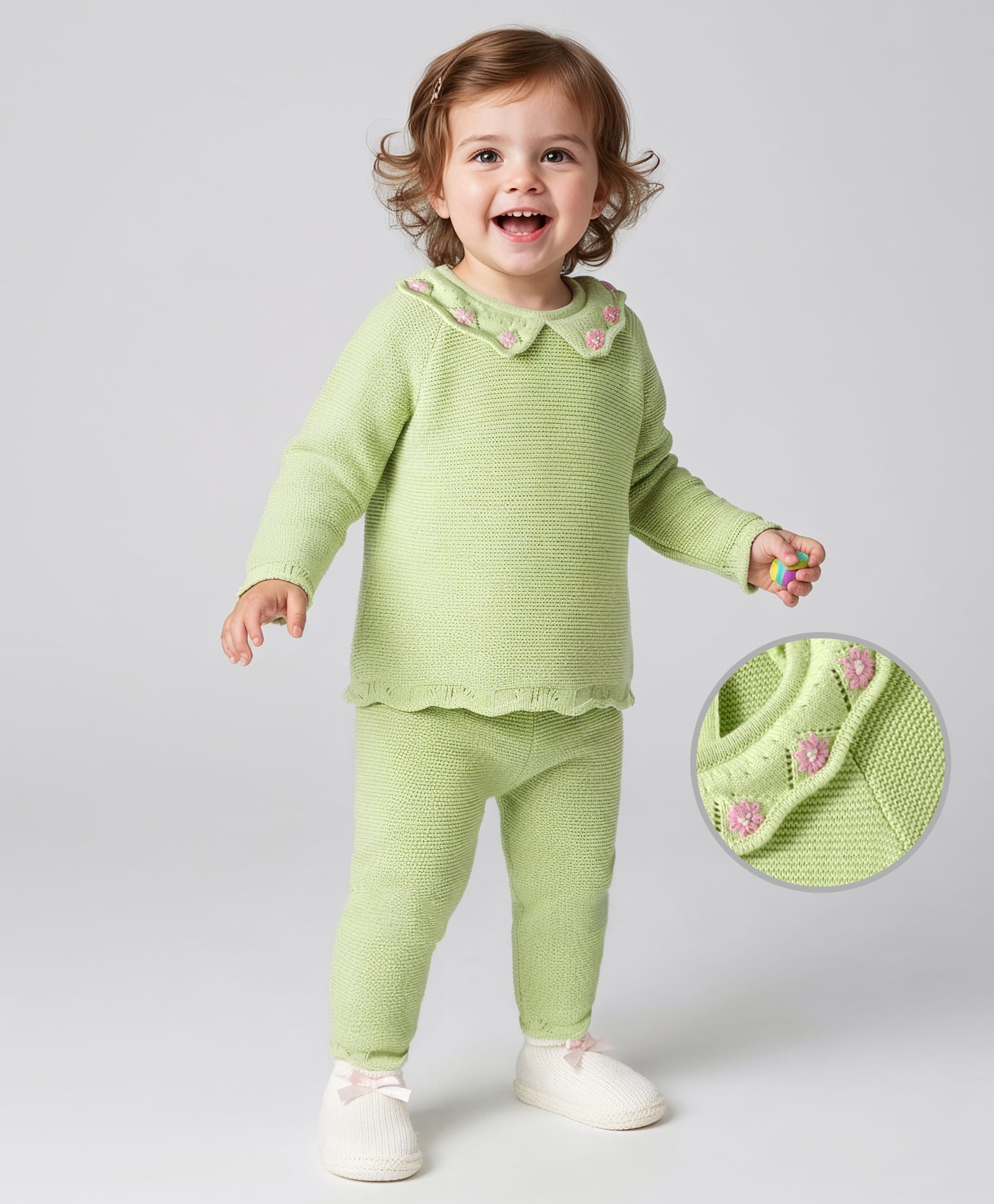 Babyoye Cotton Knit Full Raglan Sleeves Pullover Sweater Set with Floral Embroidery - Light Green-image-35