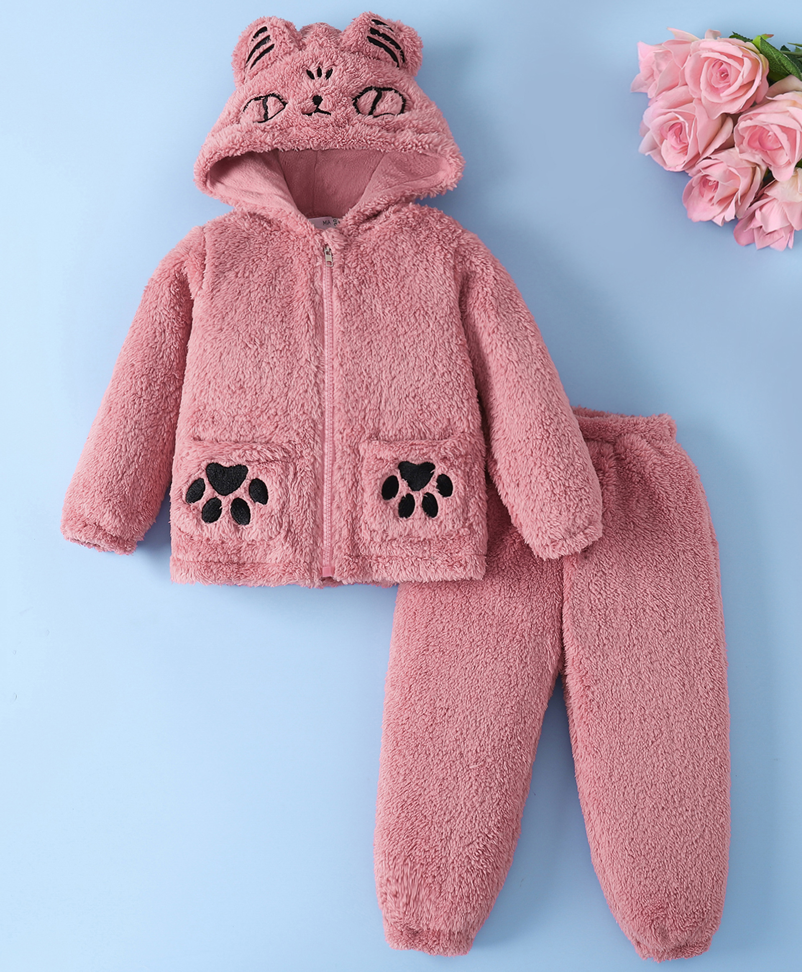 Mark & Mia Full Sleeves Front Open Hooded Winter Wear Night Suit with Kitty & Paw Design - Pink-image-1