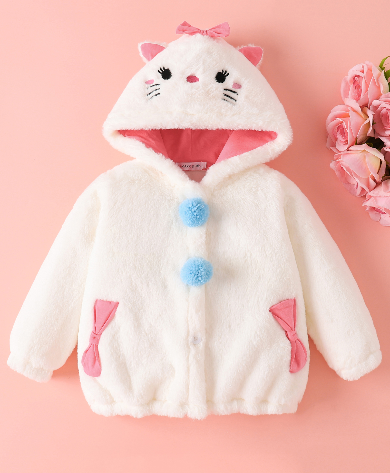 Mark & Mia Full Sleeves Fur Hooded Winter Jacket With Kitty Embroidery & Bow Applique - Cream-picture-10