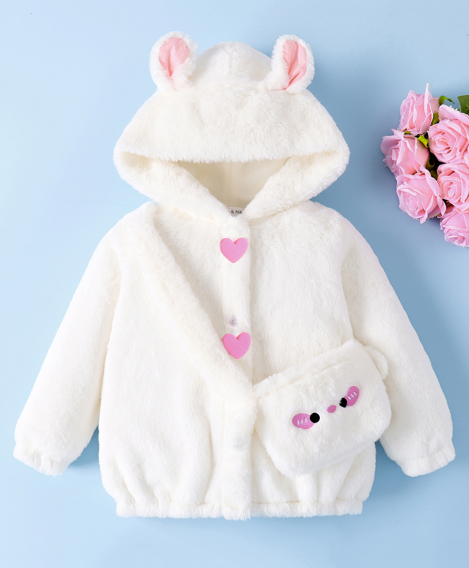 Mark & Mia Full Sleeves Fur Hooded Winter Jacket With Ear Applique & Fanny Pack - Cream-picture-31