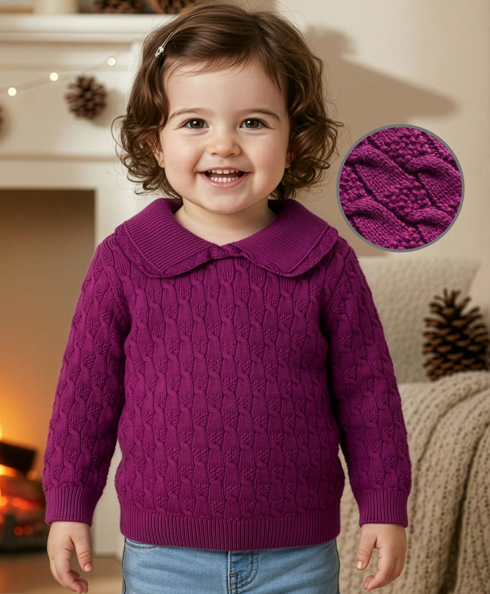 Babyoye Cotton Knit Full Sleeves Collared Pullover Sweater with Cable Knit Design - Wine-picture-13