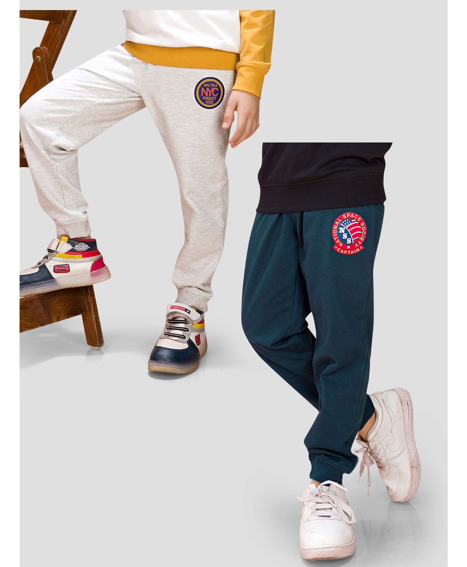 TRESNOVA Cotton Knit Pack Of 2 National Space Society & NYC Text Printed Antimicrobial Joggers - Grey & Navy Blue-picture-18