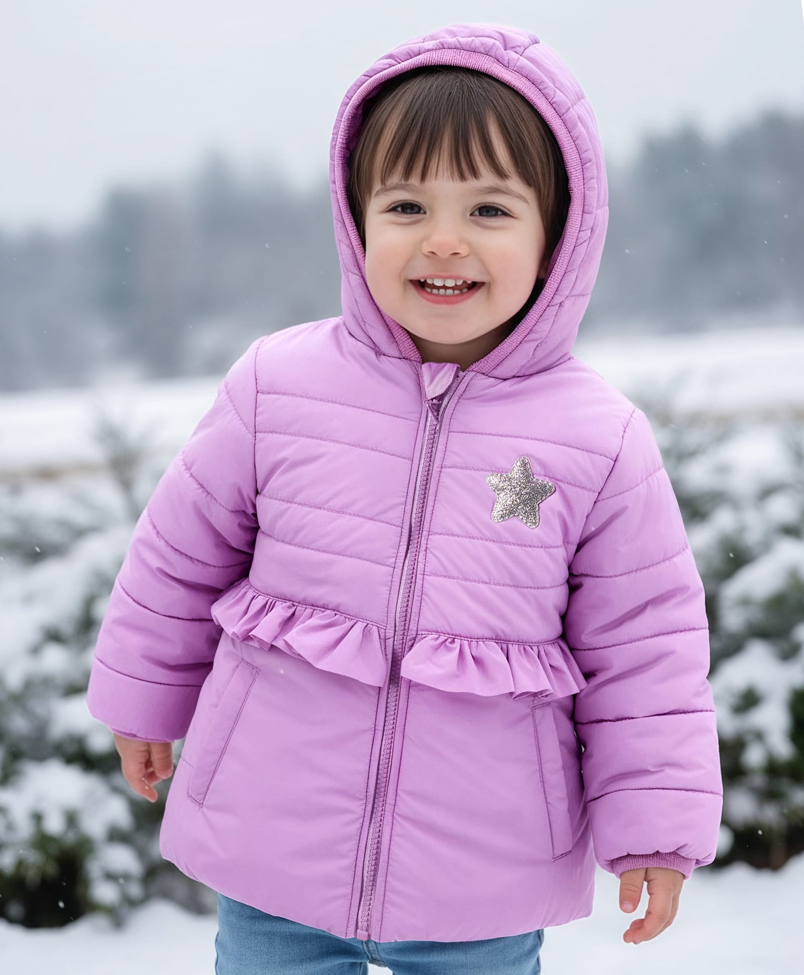 Babyhug Woven Full Sleeves Hooded Padded Jacket With Star Patch - Purple