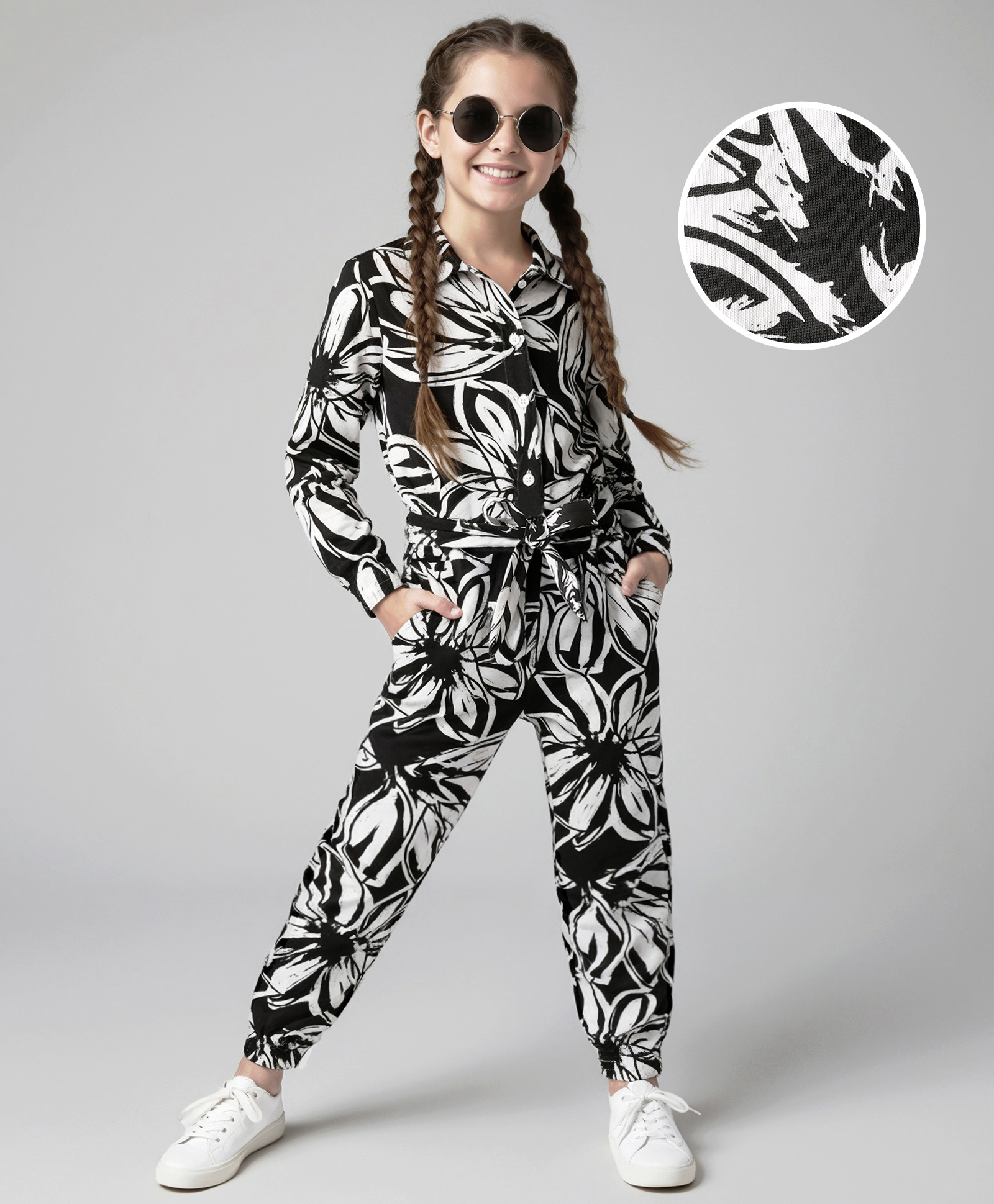 OLLINGTON ST. Cotton Knit Full Sleeves Jumpsuit & Belt with Floral Print - Black & White-image-1