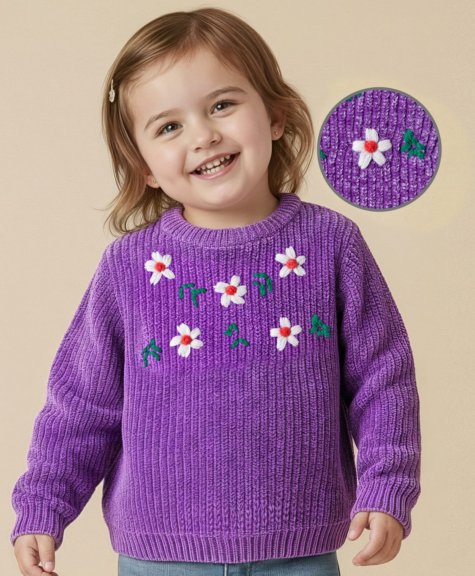 Babyoye Knit Full Sleeves Pullover Sweater with Floral Embroidery - Purple
