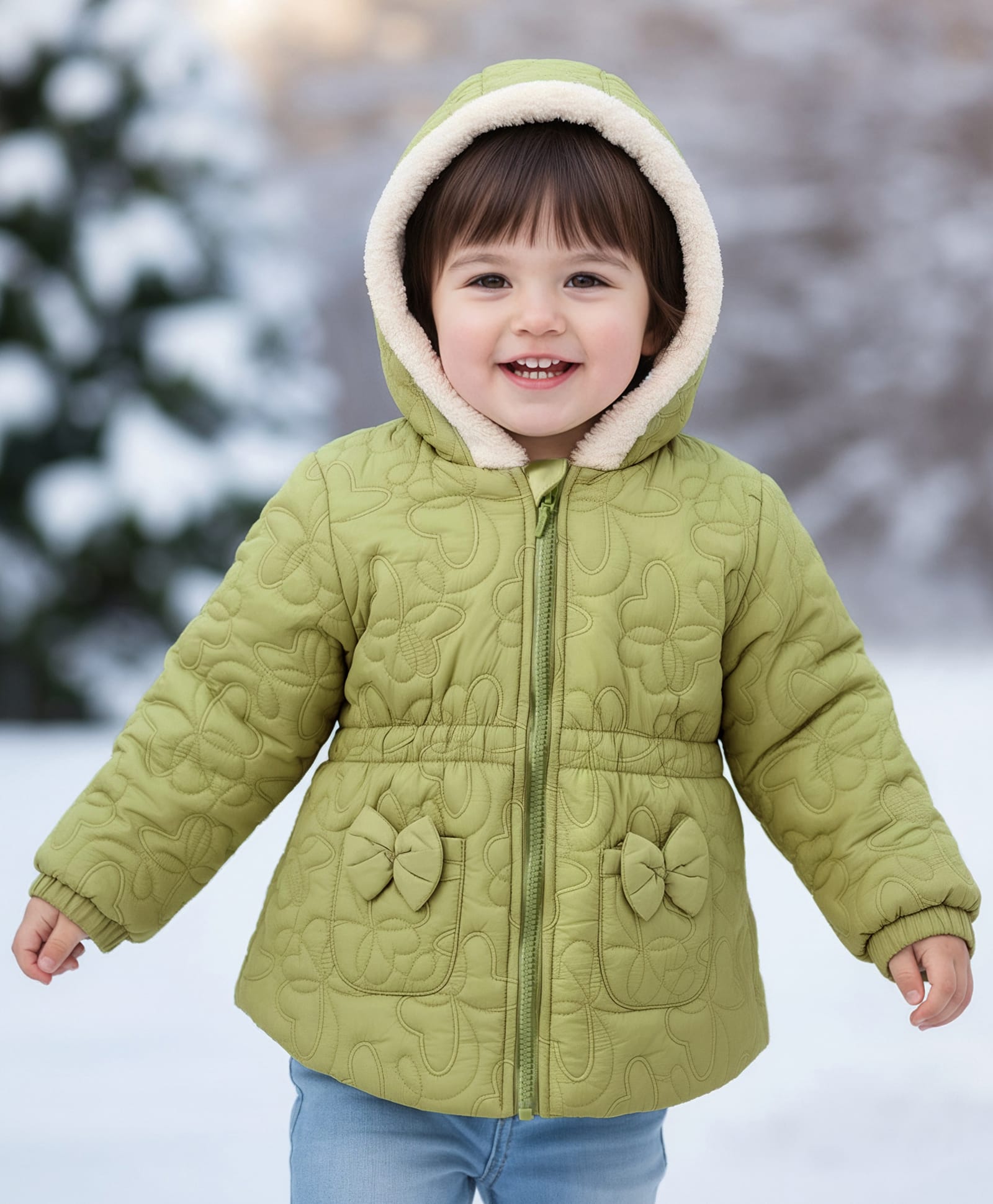 Babyhug Woven Full Sleeves Hooded Winter Jacket with Bow Applique & Embroidery - Light Green-image-20