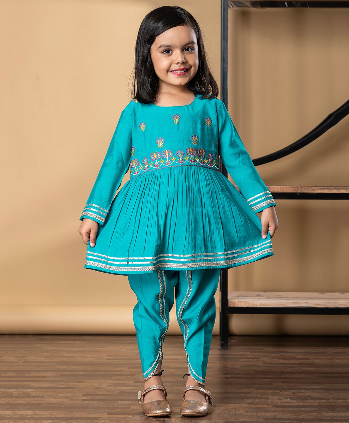 READIPRINT Silk Woven Full Sleeves Floral Embroidered Kurti With Dhoti Set - Blue-picture-37