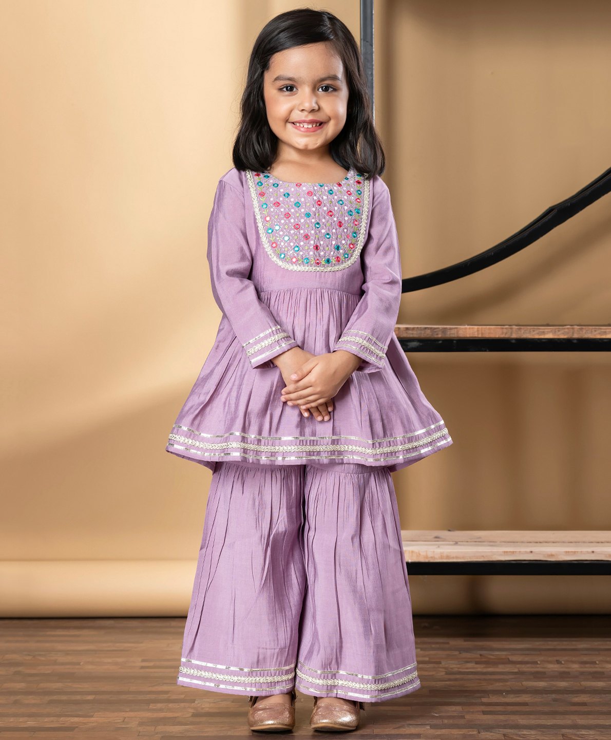 READIPRINT Silk Woven Full Sleeves Floral Embroidered Mirror Work Detailed Gota Lace Embellished Kurti Sharara Set - Mauve-image-20