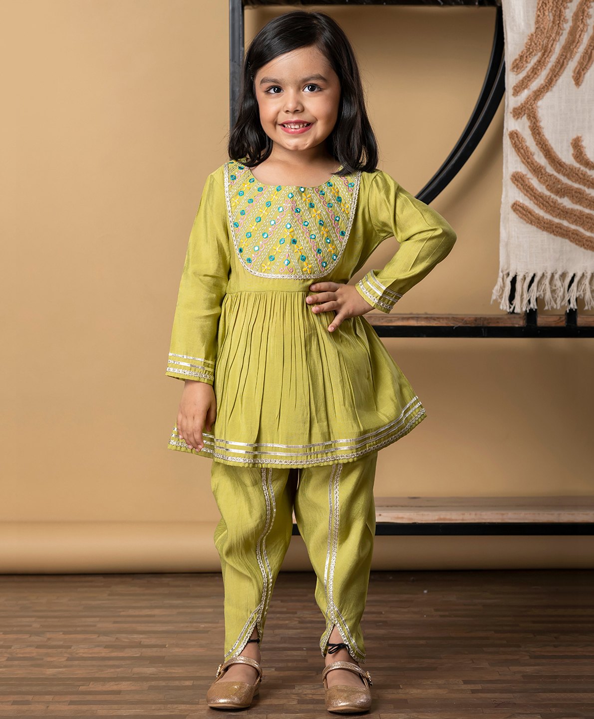 READIPRINT Silk Woven Full Sleeves Floral Embroidered Mirror Work Detailed Gota Lace Embellished Kurti Dhoti Set - Green-picture-47