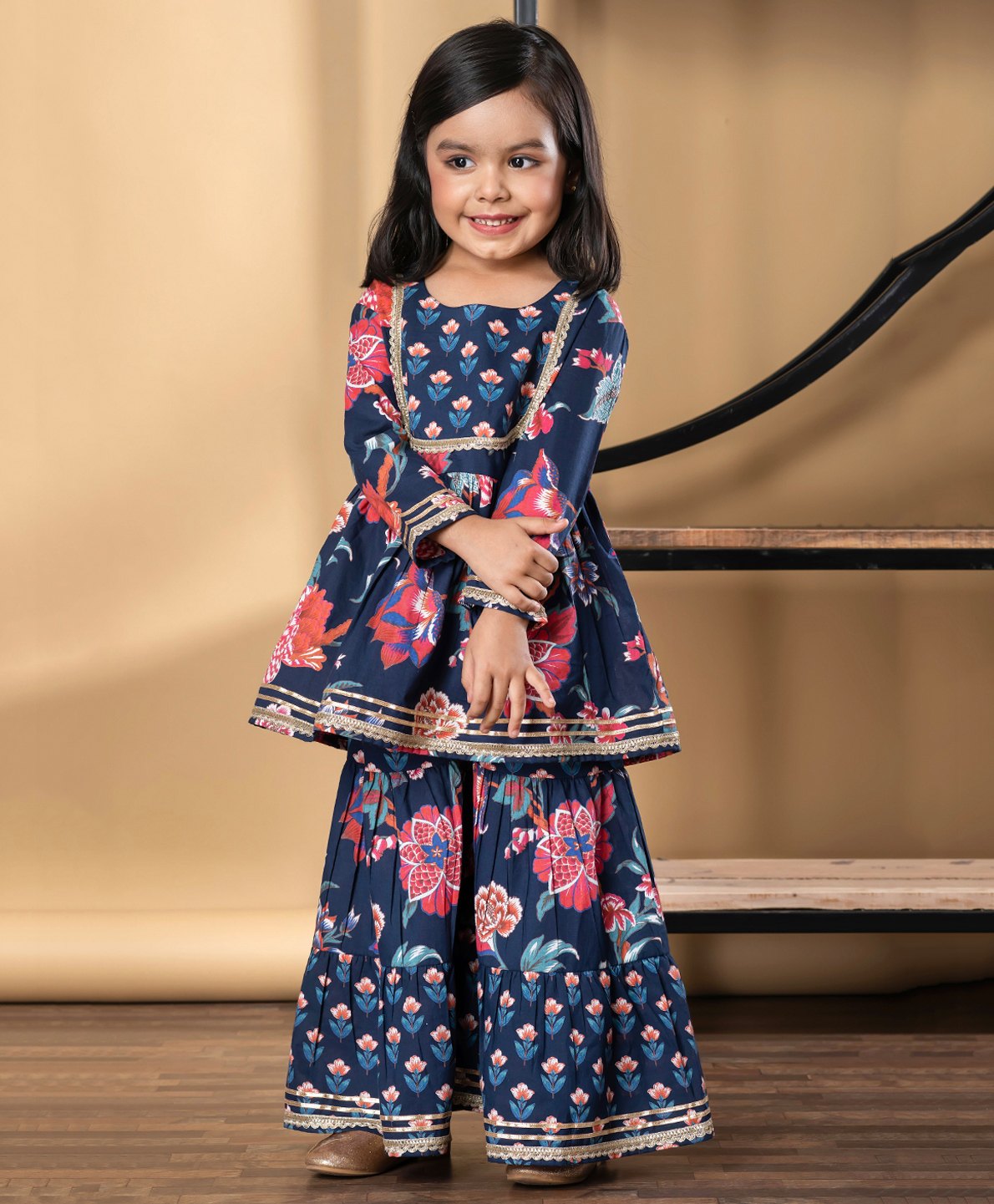 READIPRINT Cotton Woven Full Sleeves Floral Printed Gota Lace Embellished Kurti Sharara Set - Blue-picture-26