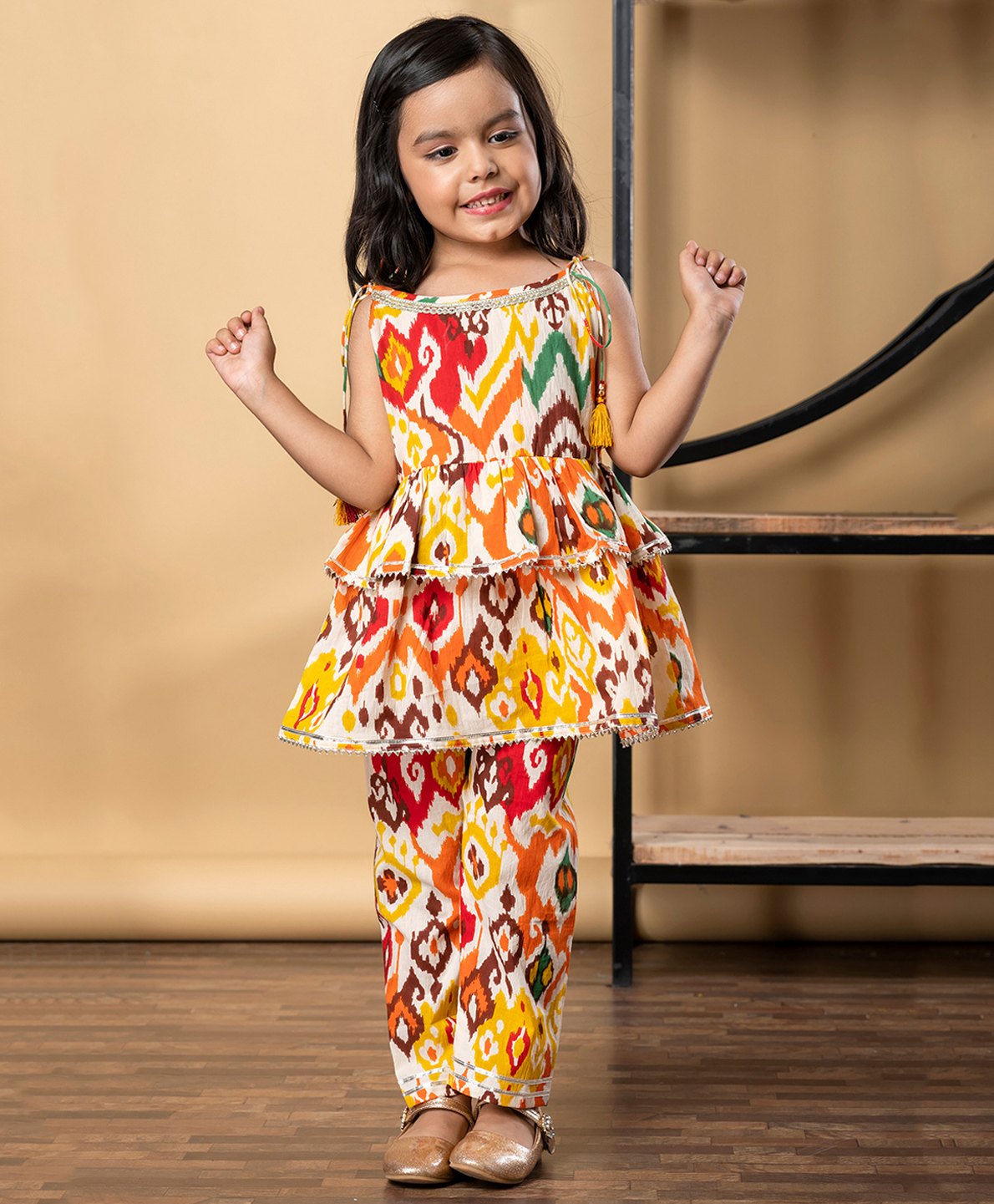READIPRINT Cotton Woven Sleeveless Abstract Printed Gota Lace Embellished Kurti With Coordinating Pant Set - Orange-image-18