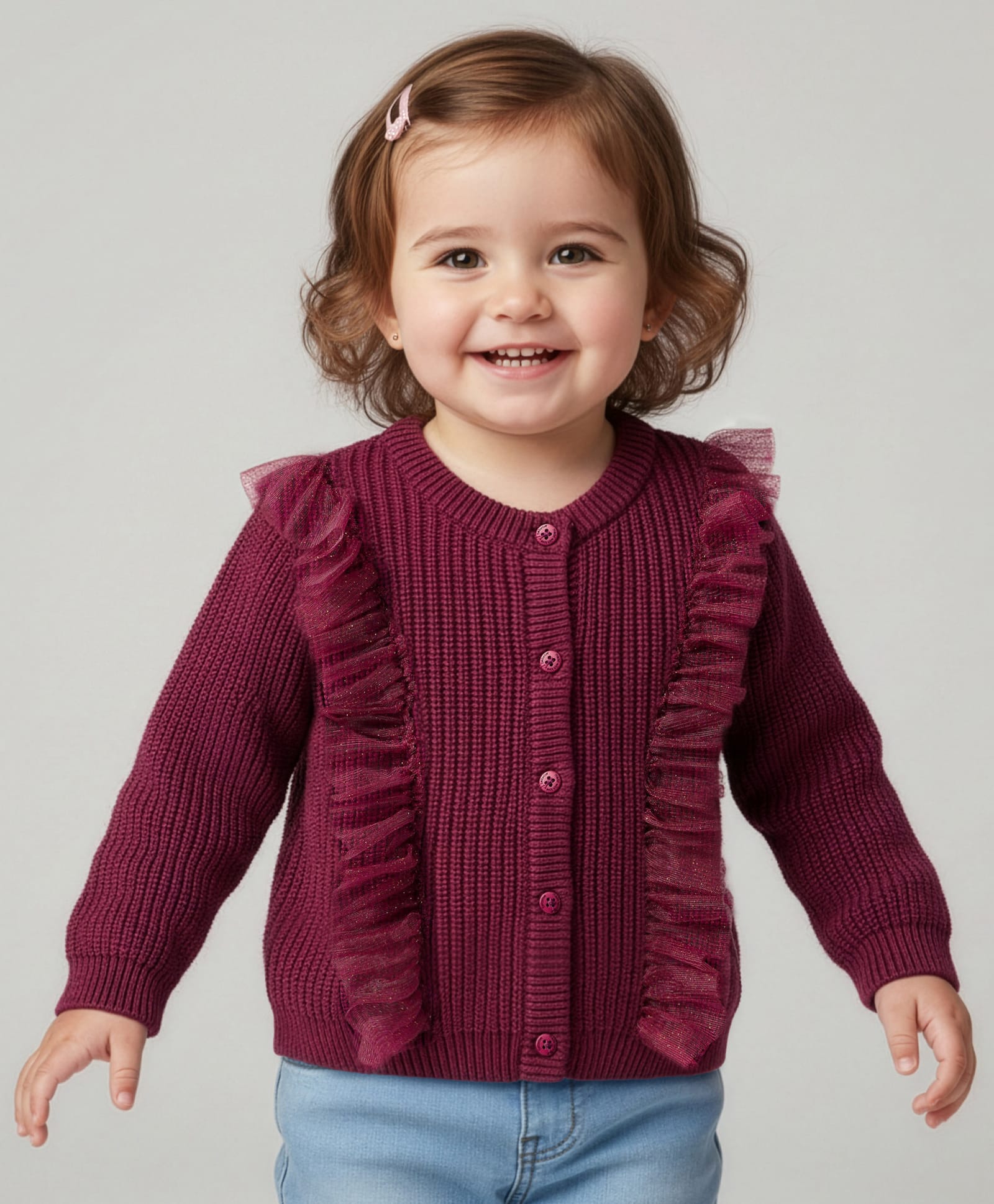 Babyoye Cotton Knit Full Sleeves Solid Color Front Open Sweater with Frill Detailing - Maroon