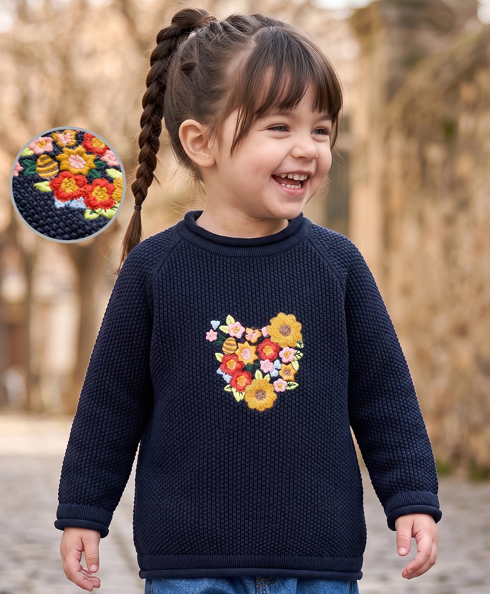 Babyoye Cotton Knit Full Raglan Sleeves Pullover Sweater with Floral Embroidery - Navy Blue-image-28