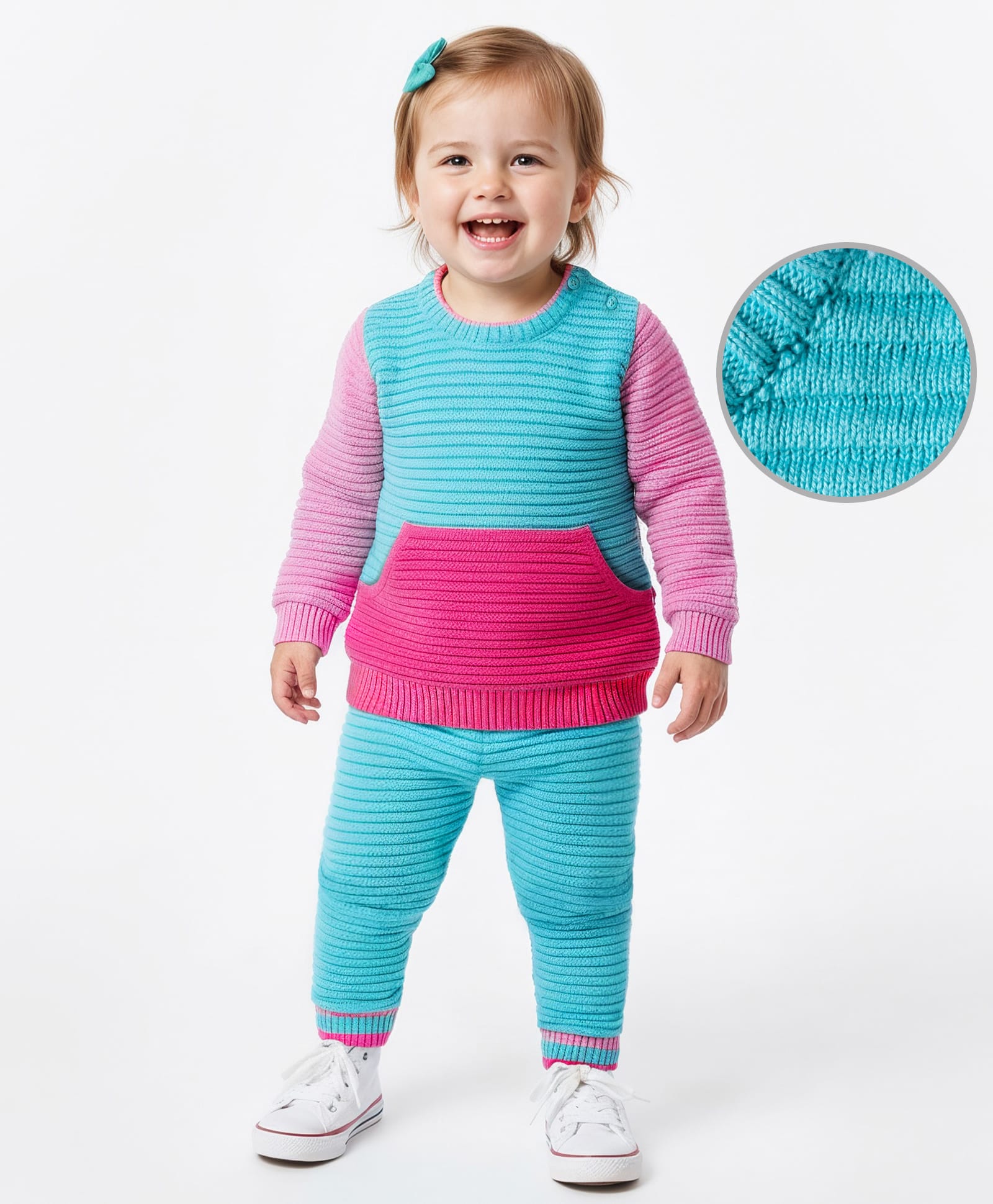 Babyoye Cotton Knit Full Sleeves Pullover Sweater Set with Kangaroo Pocket - Light Blue-image-8