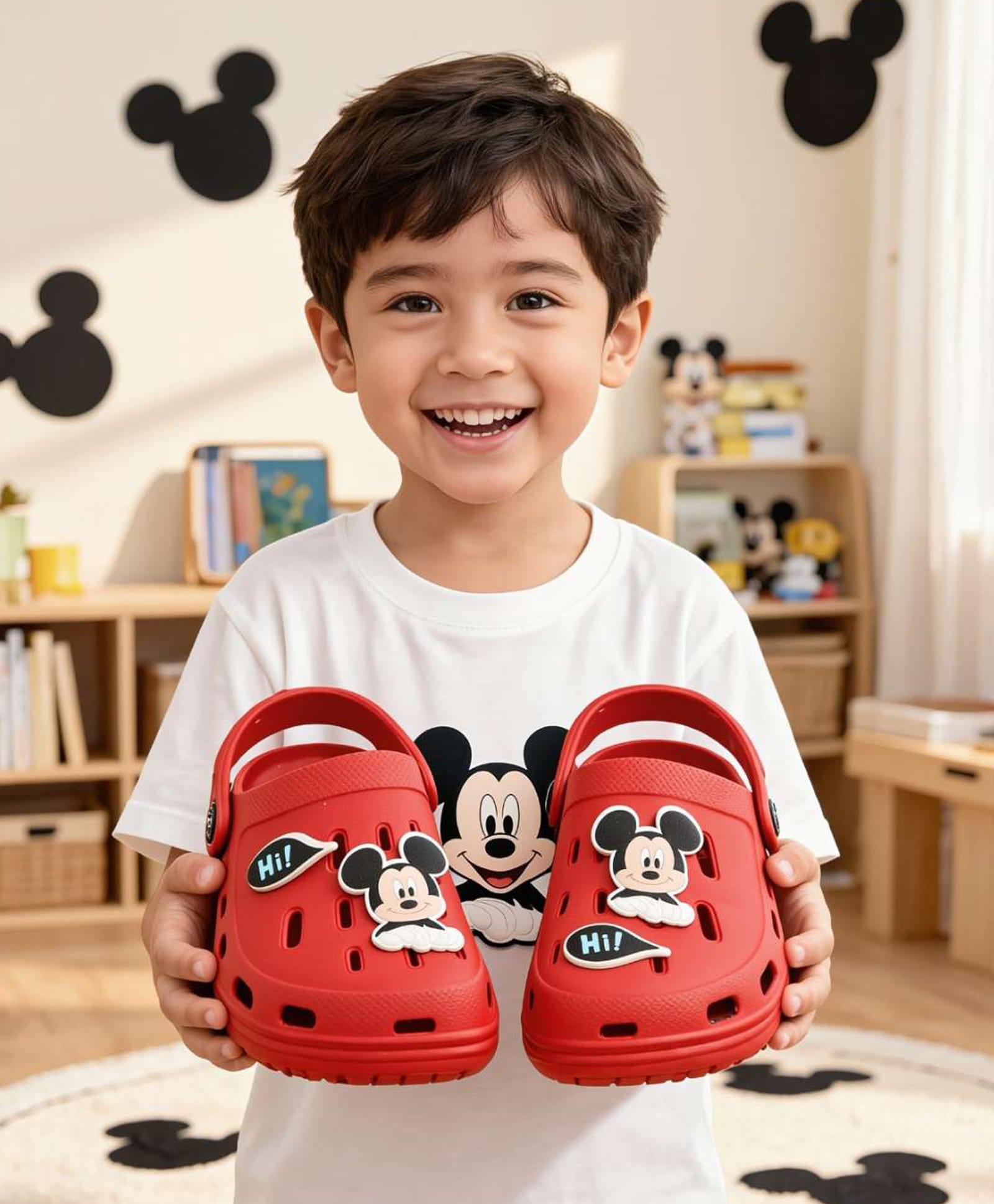 Disney by Yellow Bee Perforated Clogs With Mickey Mouse Charms - Red-image-49
