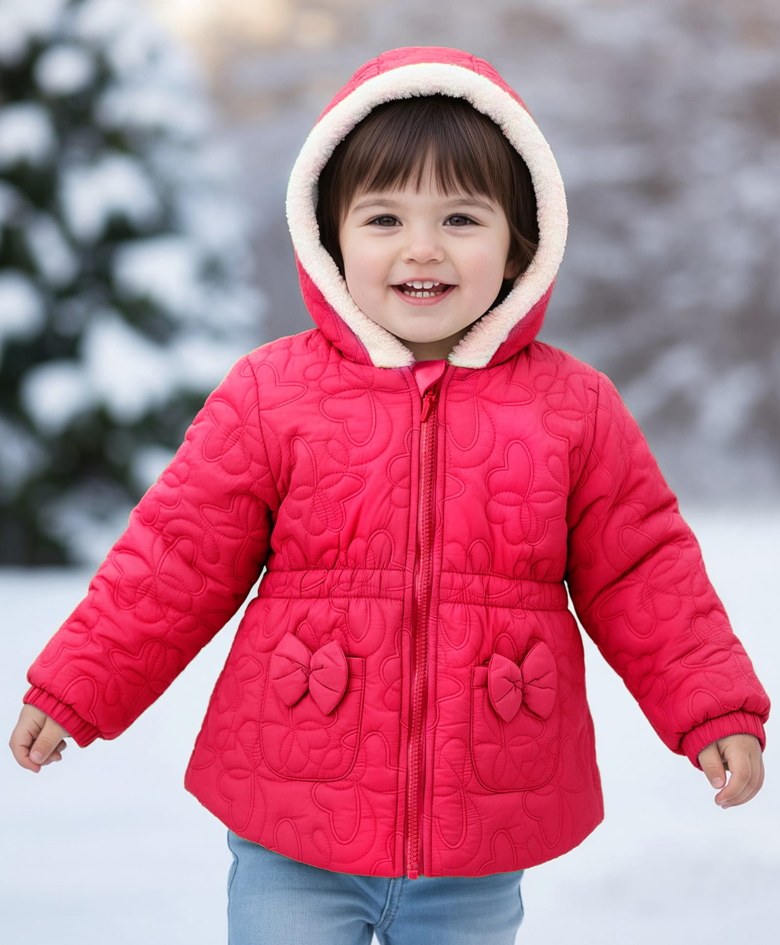 Babyhug Woven Full Sleeves Front Open Hooded Quilted Jacket - Dark Pink