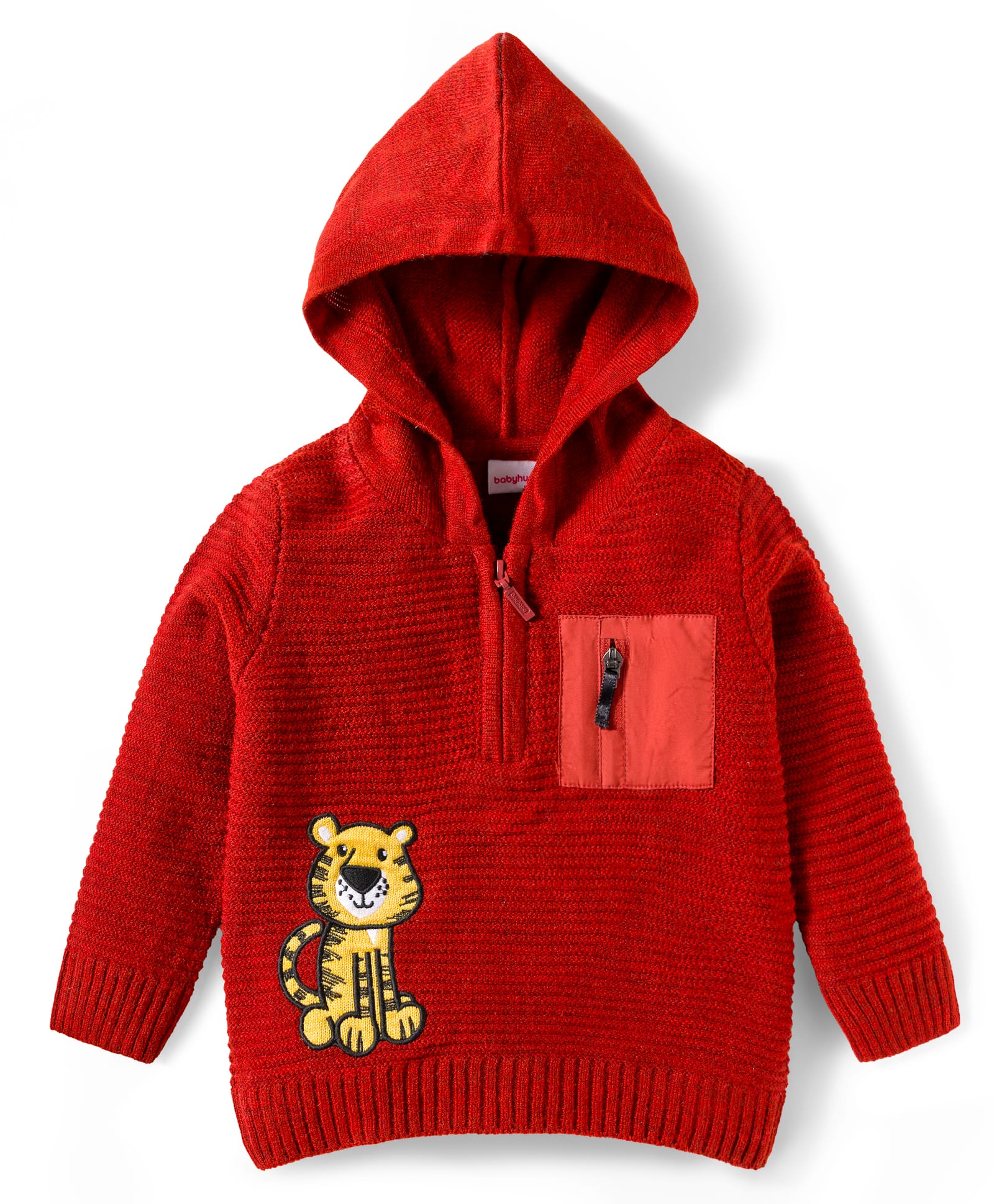Babyhug Knitted Full Sleeves Hooded Pullover Sweater With Tiger Embroidery - Rust Orange-image-25
