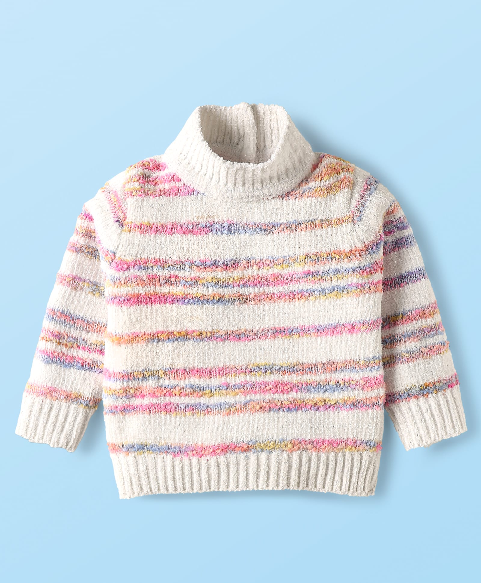 Babyhug Knitted Full Sleeves High Neck Striped Pullover Sweater - White-image-38