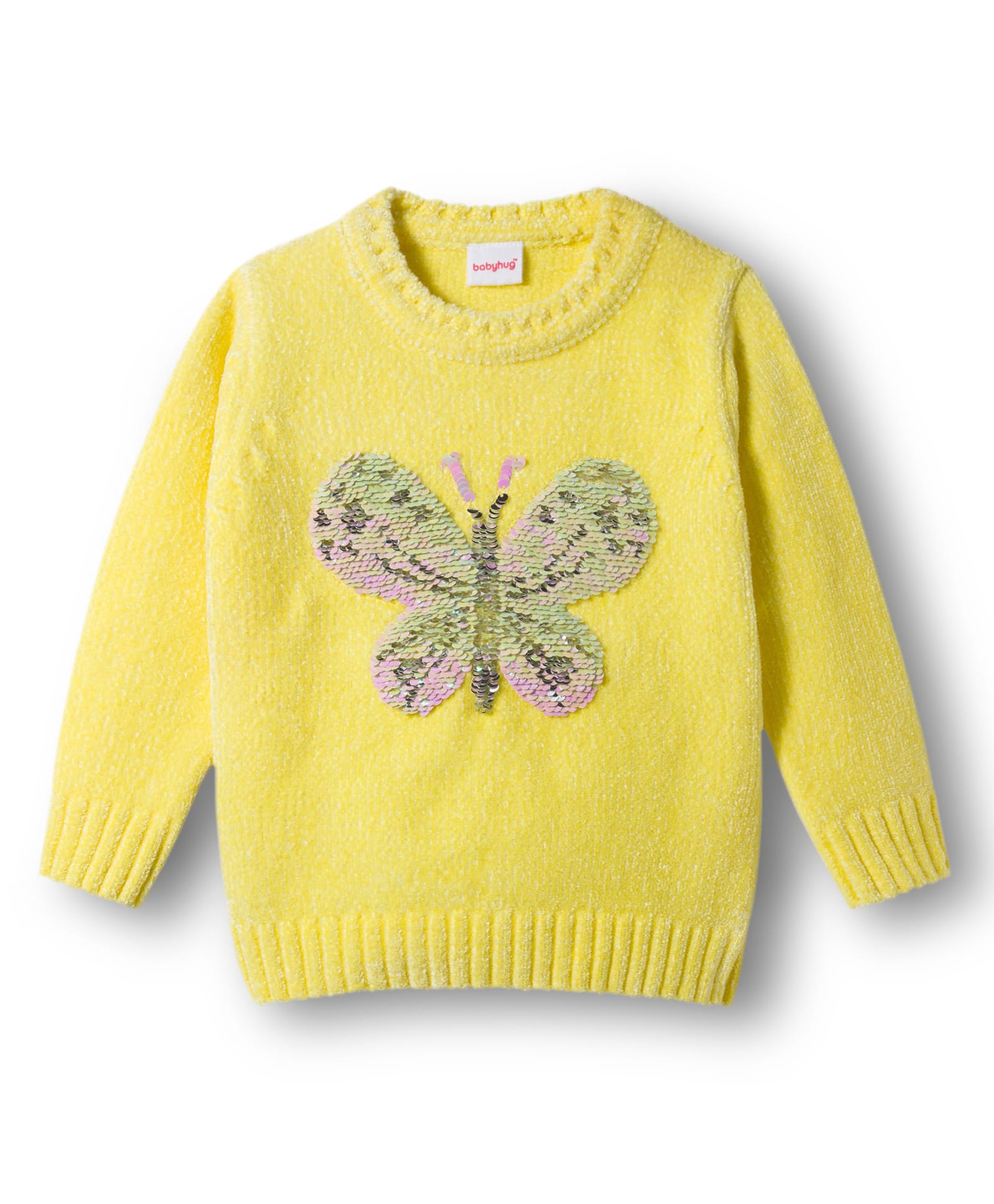 Babyhug Knit Full Sleeves Pullover with Butterfly Sequin Design - Lemon Yellow-picture-27
