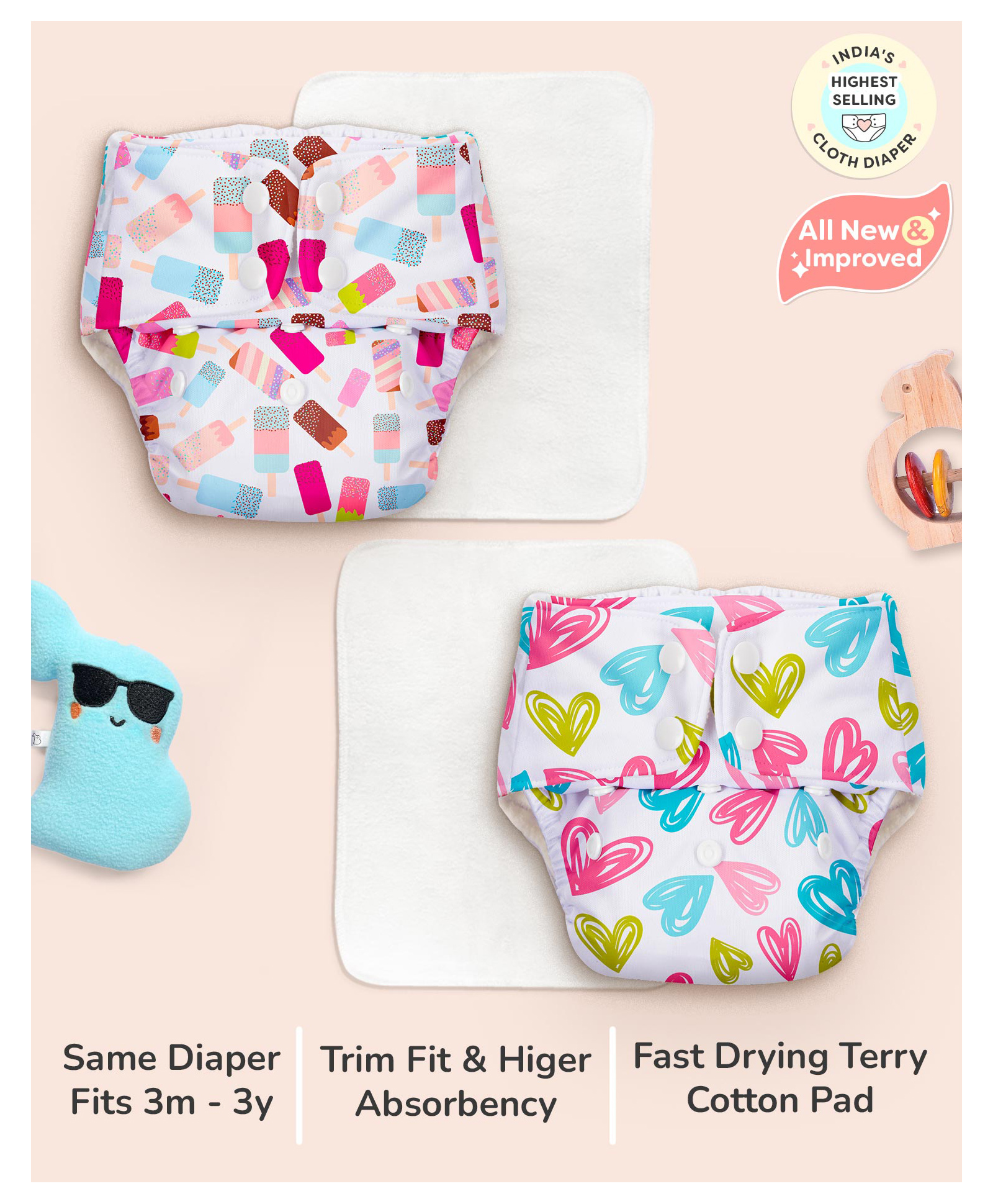 SuperBottoms BASIC Pack of 2 Reusable Cloth Diapers for Babies (3M-3Y) | Adjustable & Washable | Rash Free Diaper-picture-17