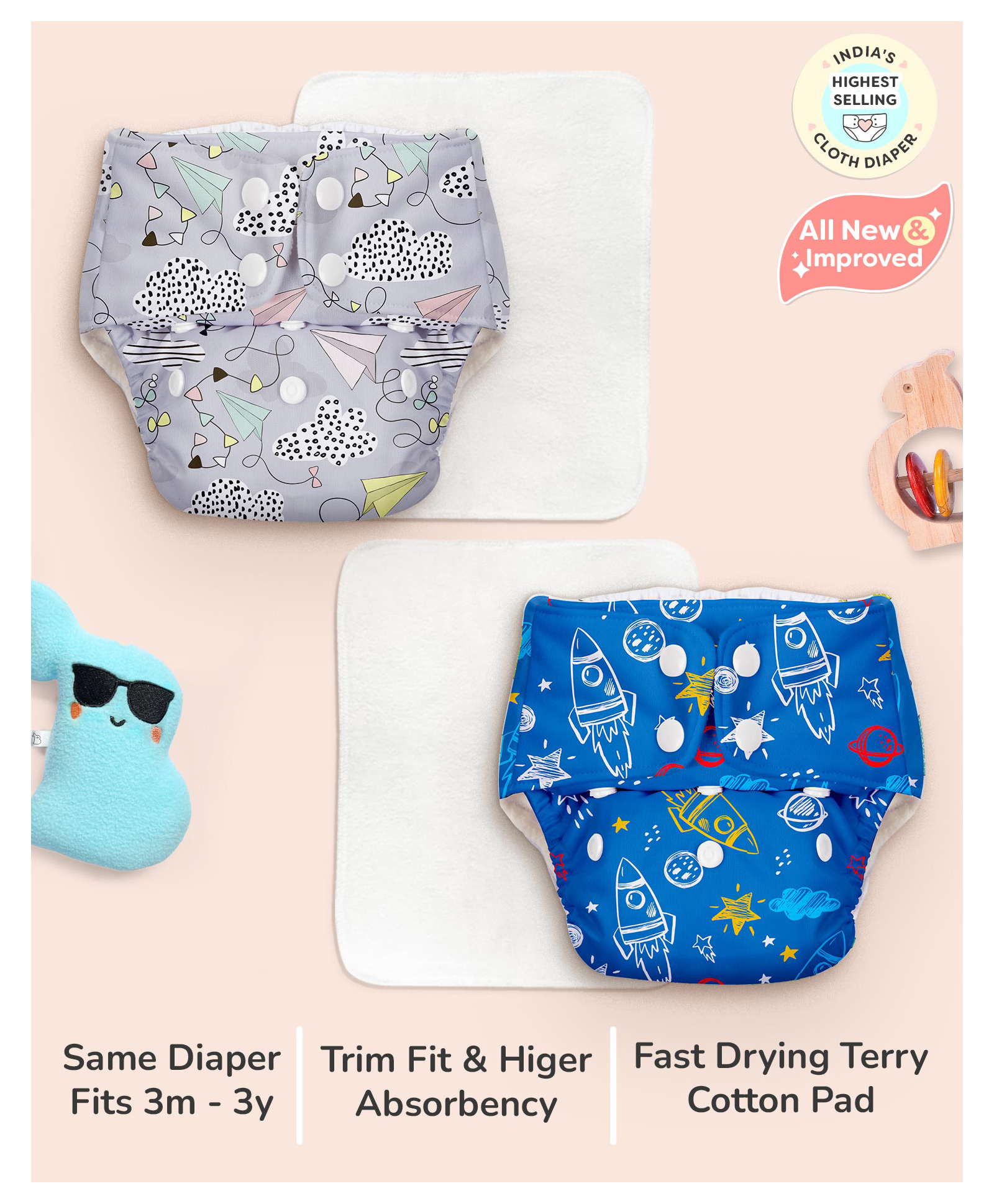 SuperBottoms BASIC Pack of 2 Reusable Cloth Diapers for Babies (3M-3Y) | Adjustable & Washable | Rash Free Diaper-picture-19