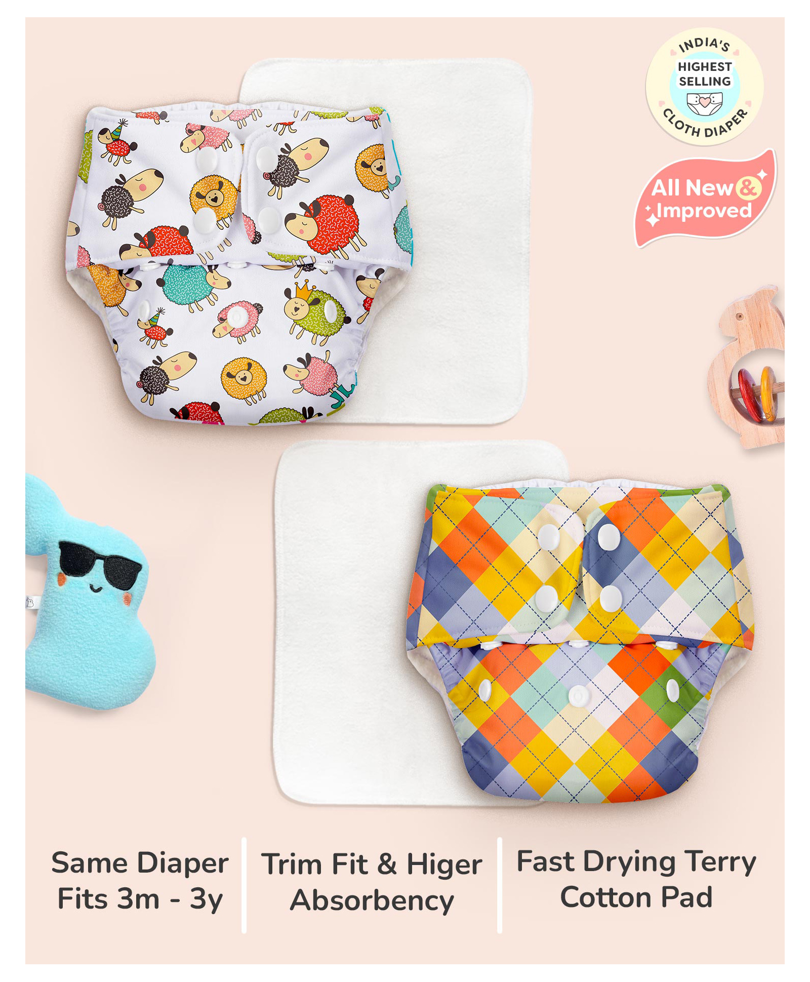 SuperBottoms BASIC Pack of 2 Reusable Cloth Diapers for Babies (3M-3Y) | Adjustable & Washable | Rash Free Diaper-image-21