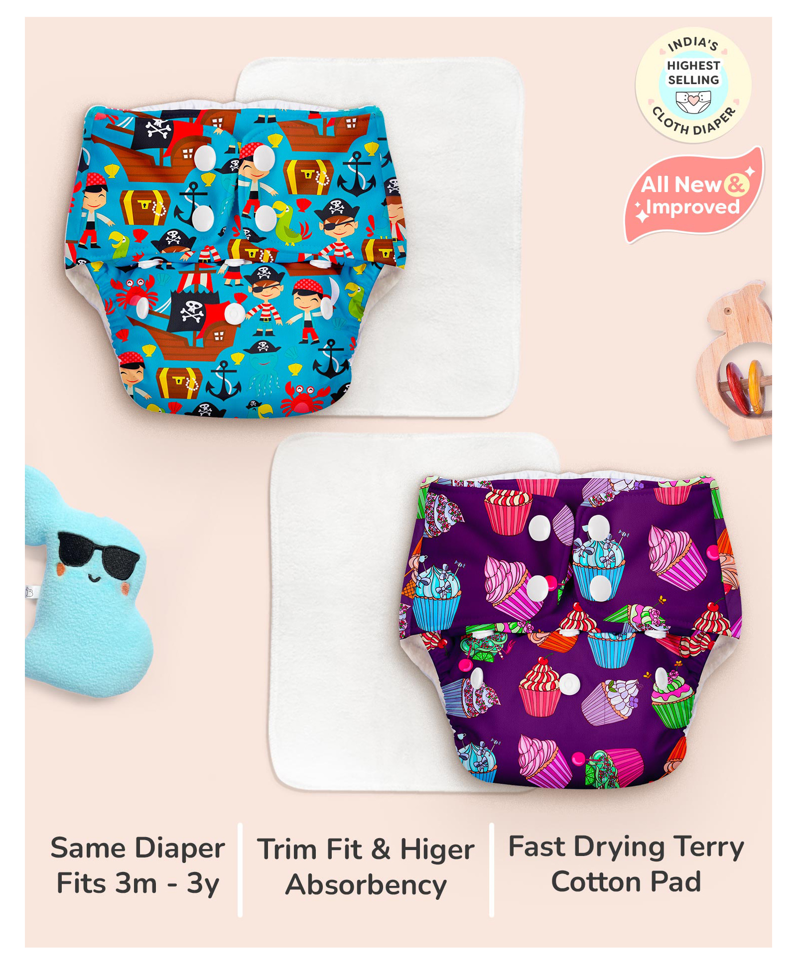 SuperBottoms BASIC Pack of 2 Reusable Cloth Diapers for Babies (3M-3Y) | Adjustable & Washable | Rash Free Diaper-picture-17