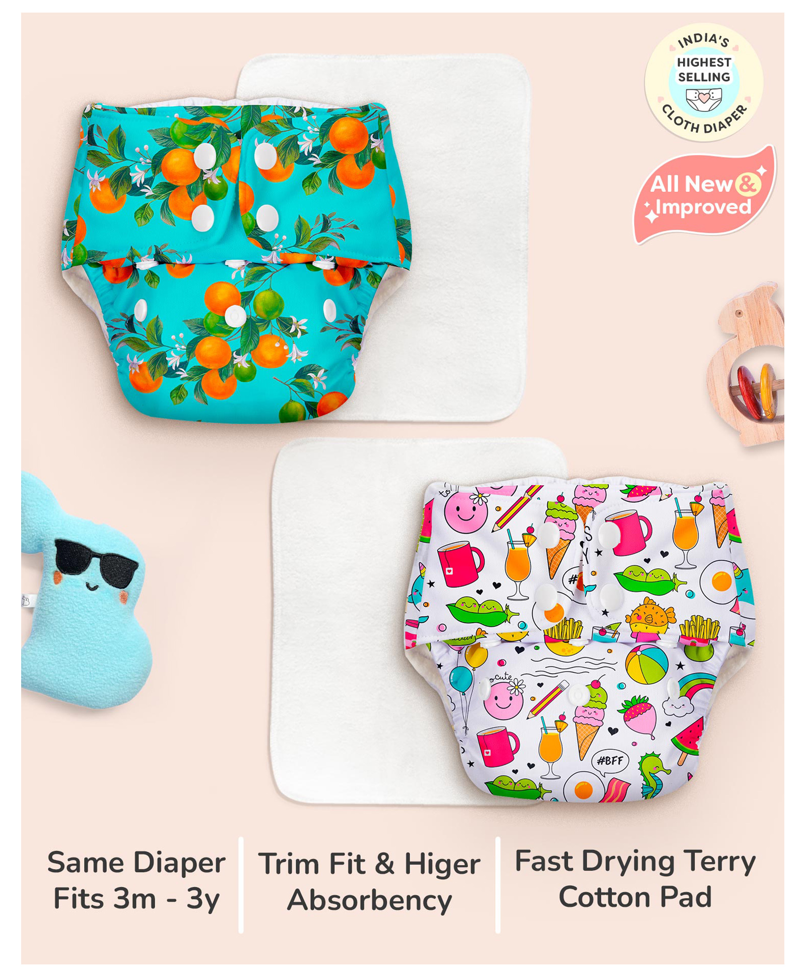 SuperBottoms BASIC Pack of 2 Reusable Cloth Diapers for Babies (3M-3Y) | Adjustable & Washable | Rash Free Diaper-picture-23