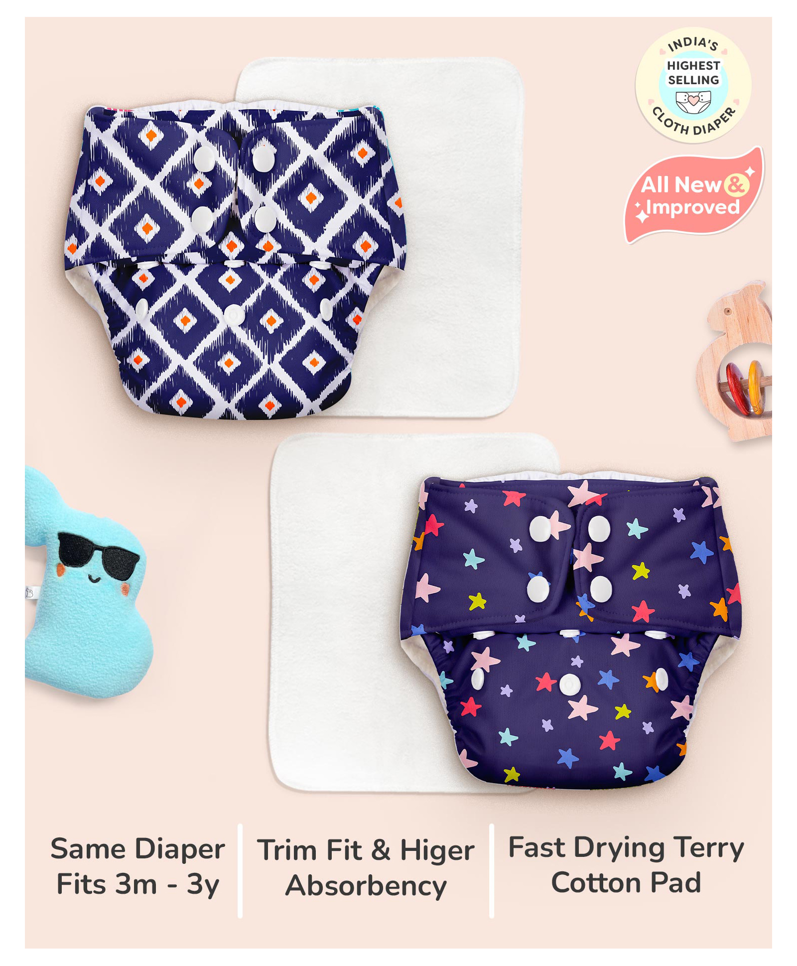 SuperBottoms BASIC Pack of 2 Reusable Cloth Diapers for Babies (3M-3Y) | Adjustable & Washable | Rash Free Diaper-picture-21