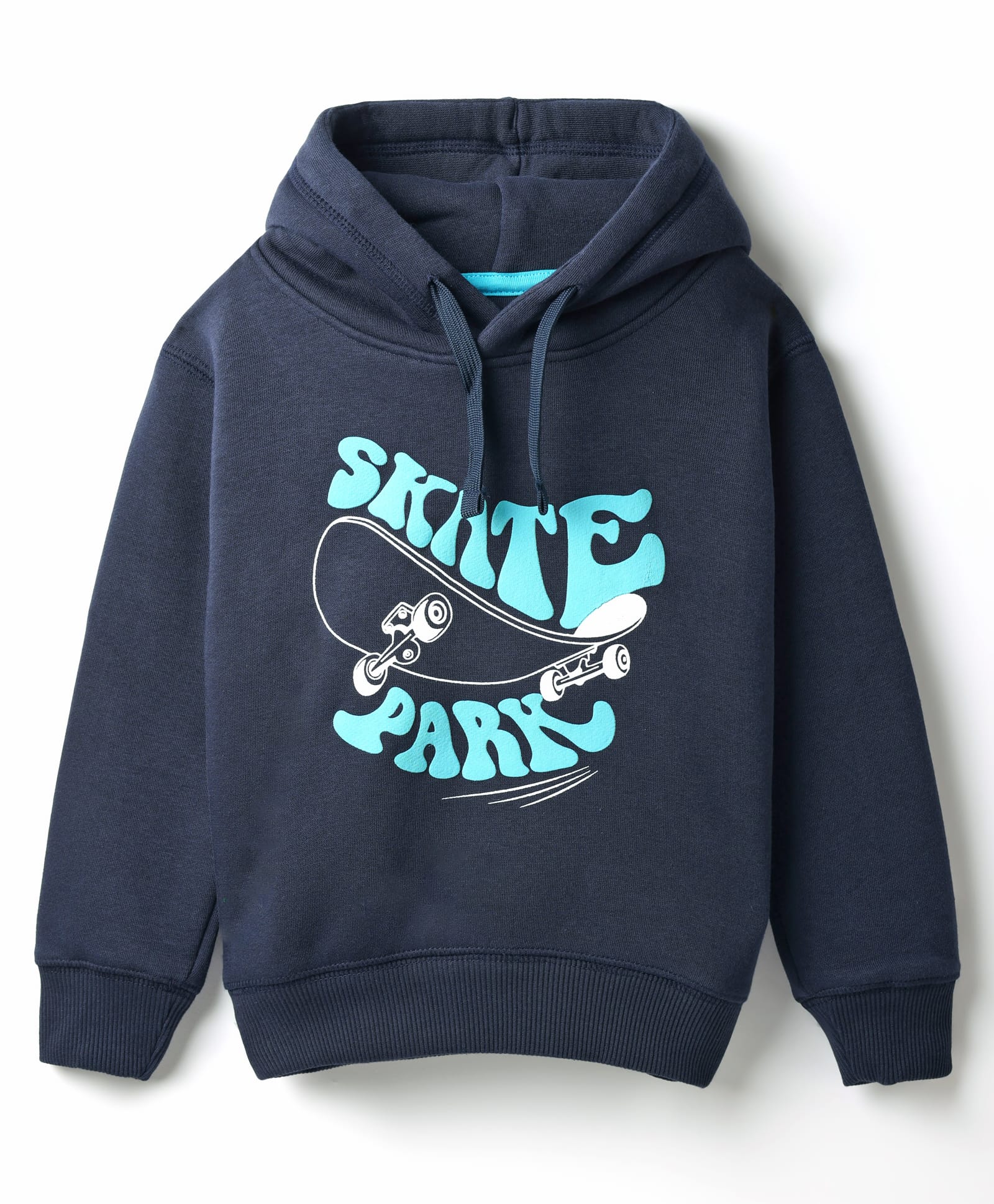 Doreme Fleece Knit Full Sleeves Hooded Sweatshirt With Skateboard Print - Navy Blue-image-13