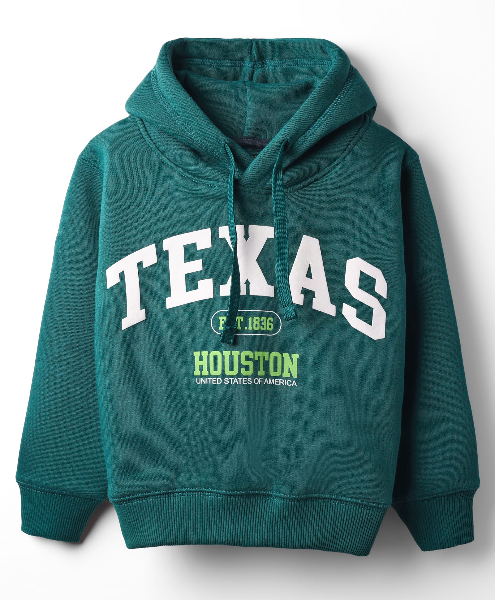Doreme Fleece Knit Full Sleeves Hooded Sweatshirt With Texas Print - Teal Blue-image-11