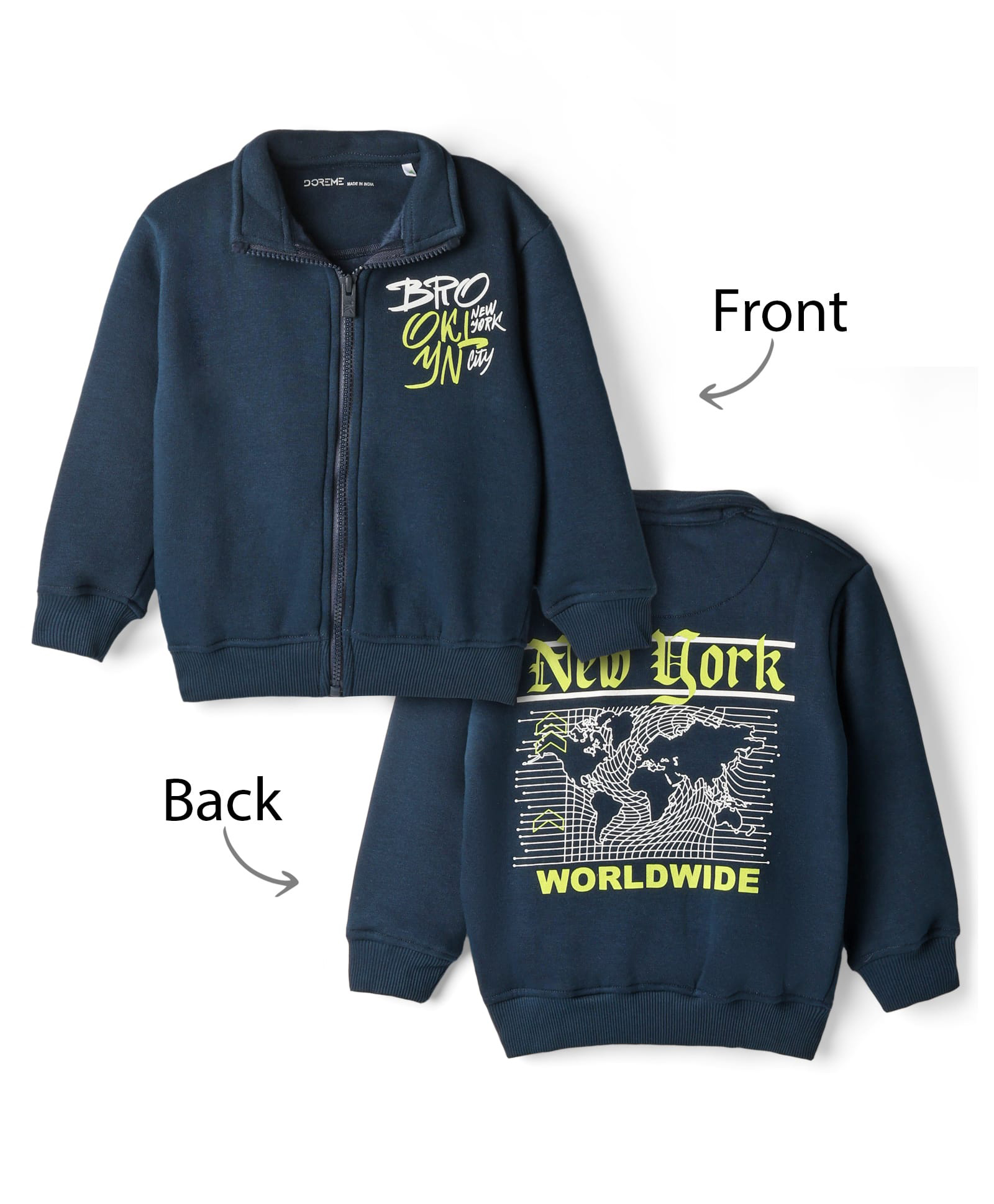 Doreme Fleece Knit Full Sleeves SweatJacket with Text Print - Navy Blue-image-44
