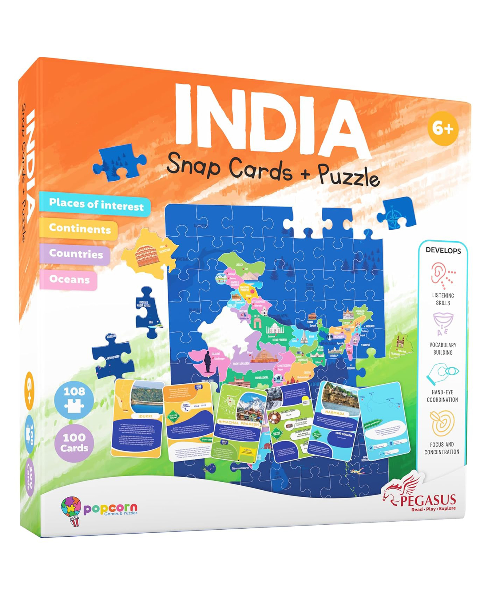 Popcorn Games & Puzzles India Map Puzzle for Kids with 100 Flash Cards | Indian Flag Puzzle | Educational Toy for Learning | Ideal Gift for Children-image-25