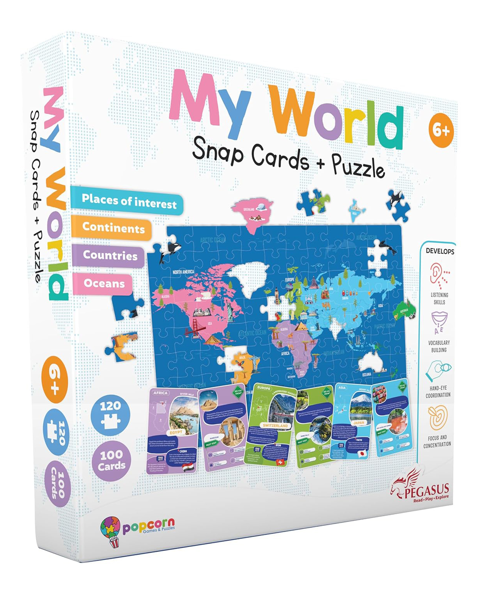 Popcorn Games & Puzzles World Map Puzzle with 100 Flash Cards | Learn Continents, Countries & Oceans | Geography Game for Kids-image-2