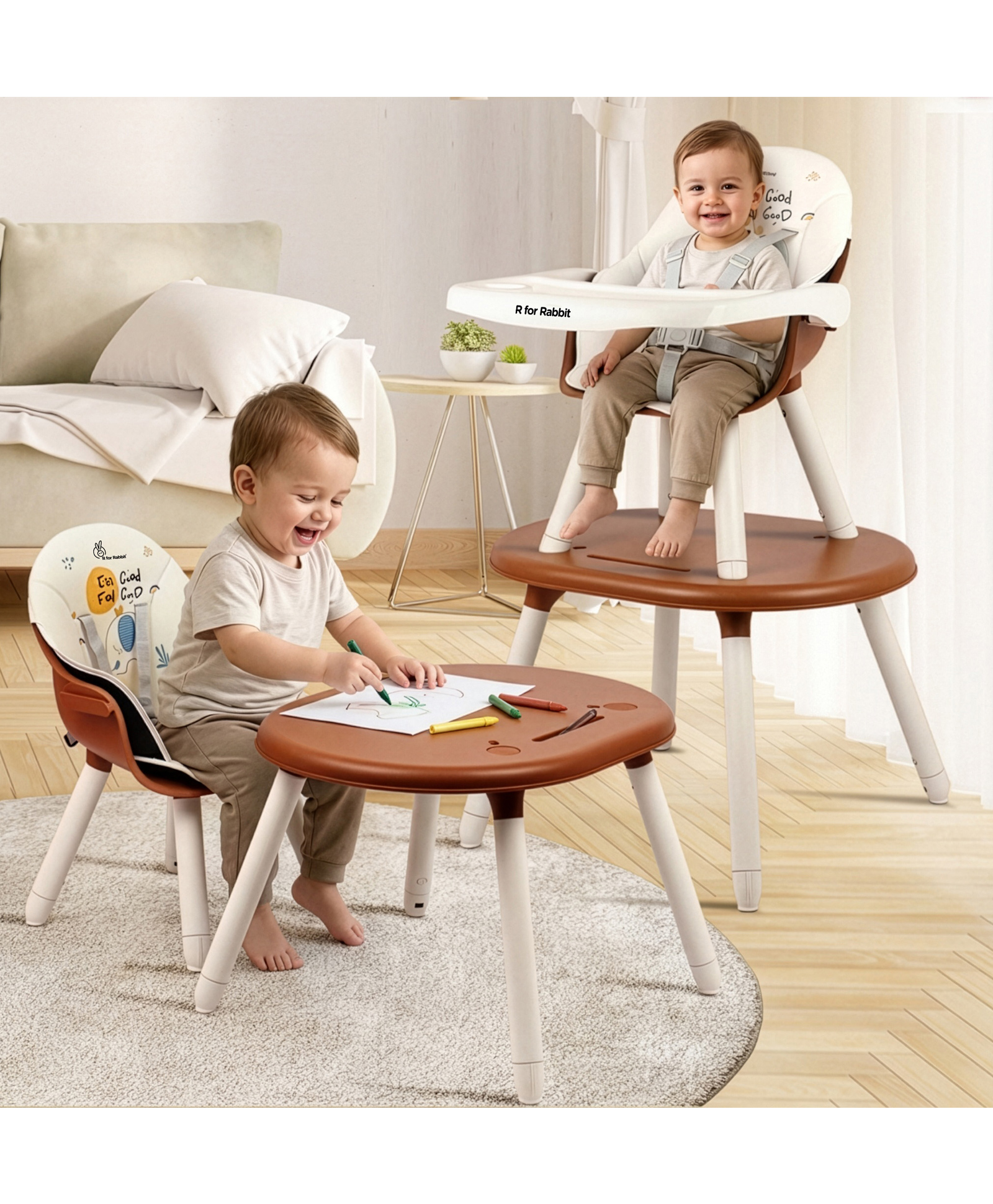 R for Rabbit 3-in-1 Convertible Kids Feeding Cum High Chair Compact Fold|Dual Meal Trays|Travel Friendly|BPA Free Anti-Slip Seat - Brown & Cream