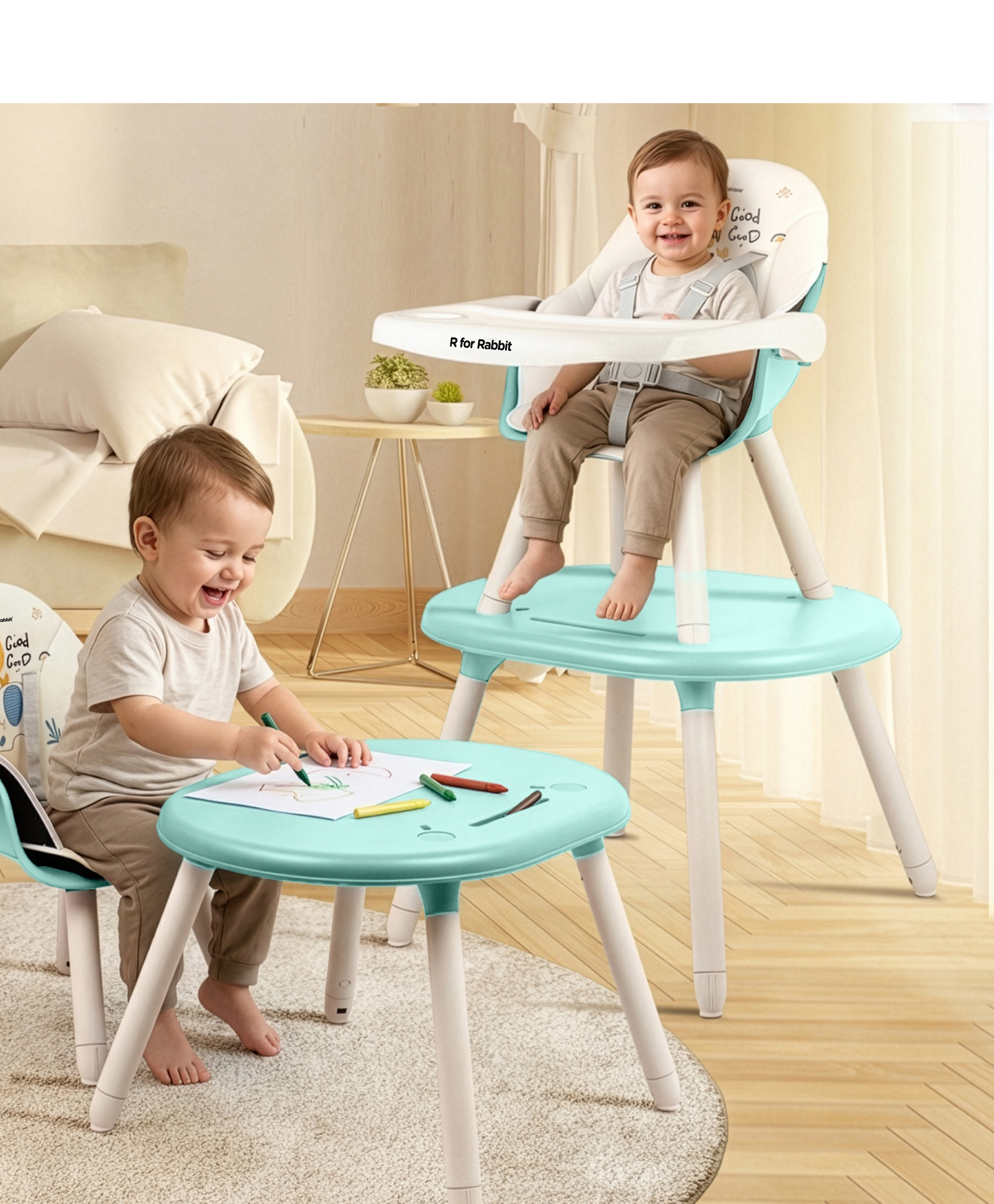 R for Rabbit 3-in-1 Convertible Kids Feeding Cum High Chair Compact Fold|Dual Meal Trays|Travel Friendly|BPA Free Anti-Slip Seat - Sea Green & Cream-image-39