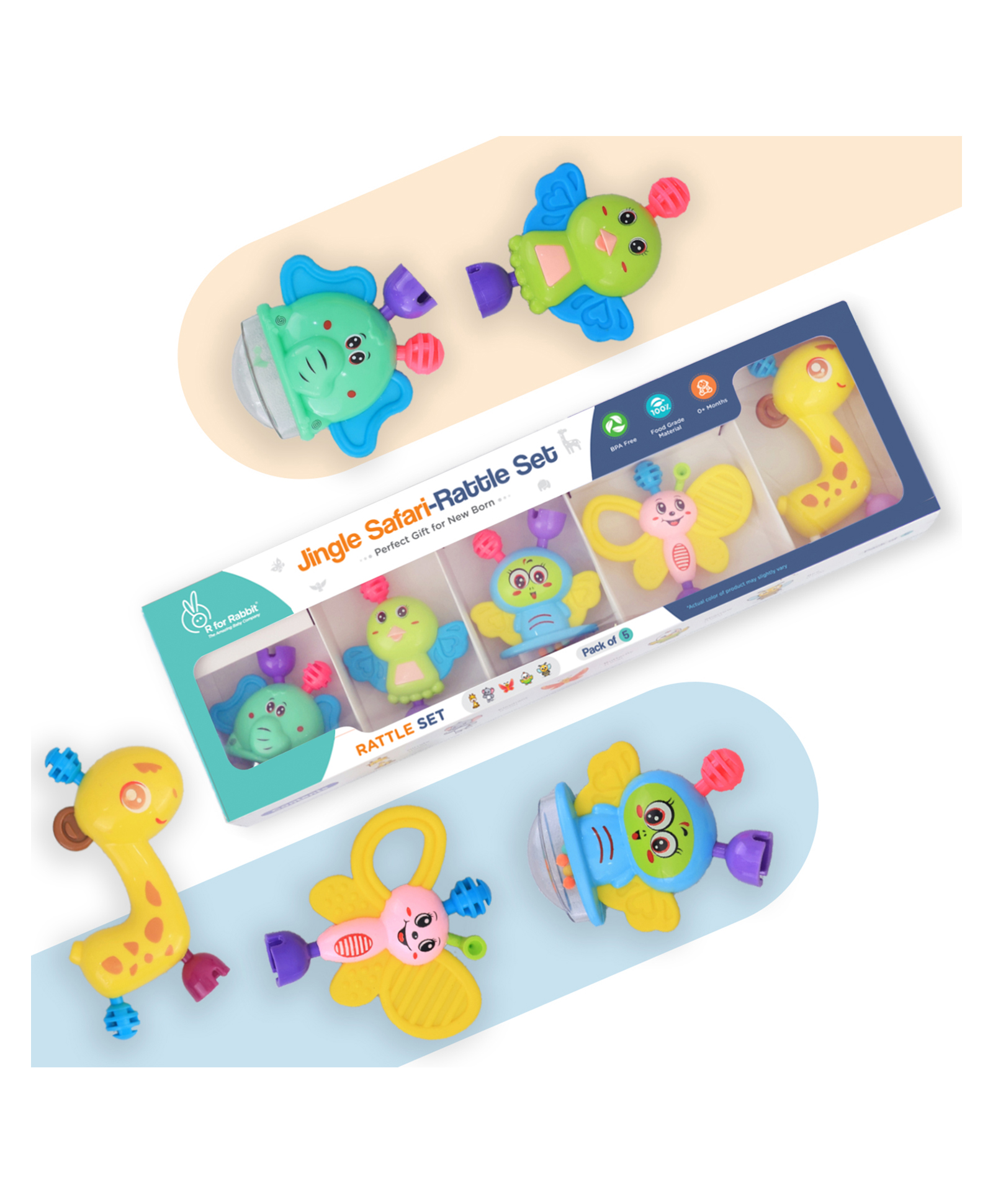 R for Rabbit Jingle Safari Rattles Set Pack Of 5 - Multicolour