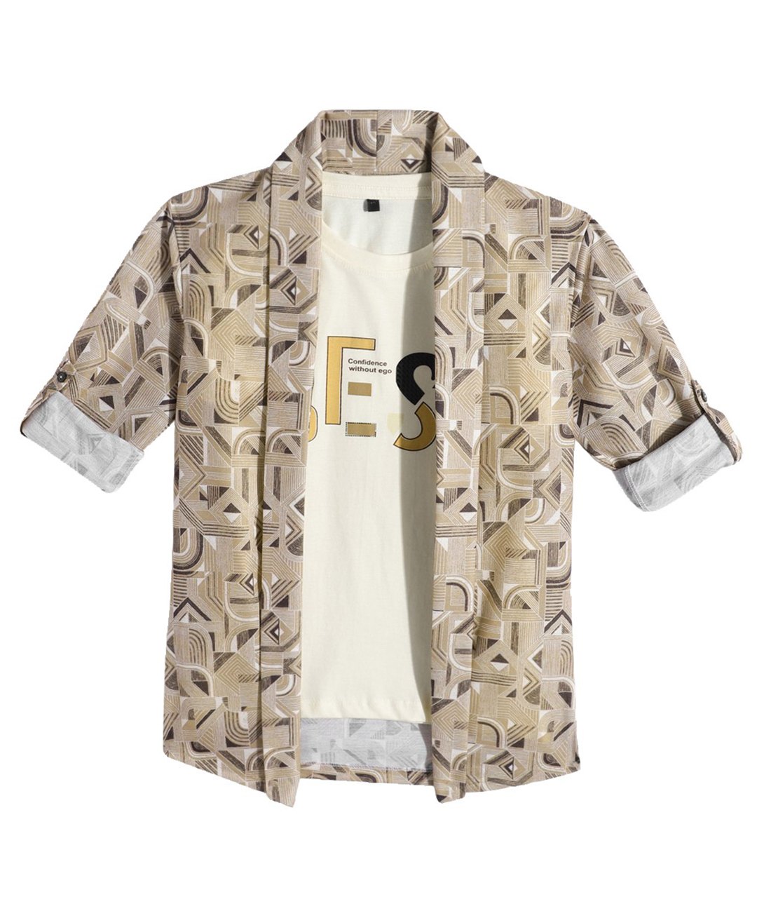 Charchit Cotton Blend Woven Full Sleeves Abstract Printed Shirt & Tee Set - Khaki-picture-24