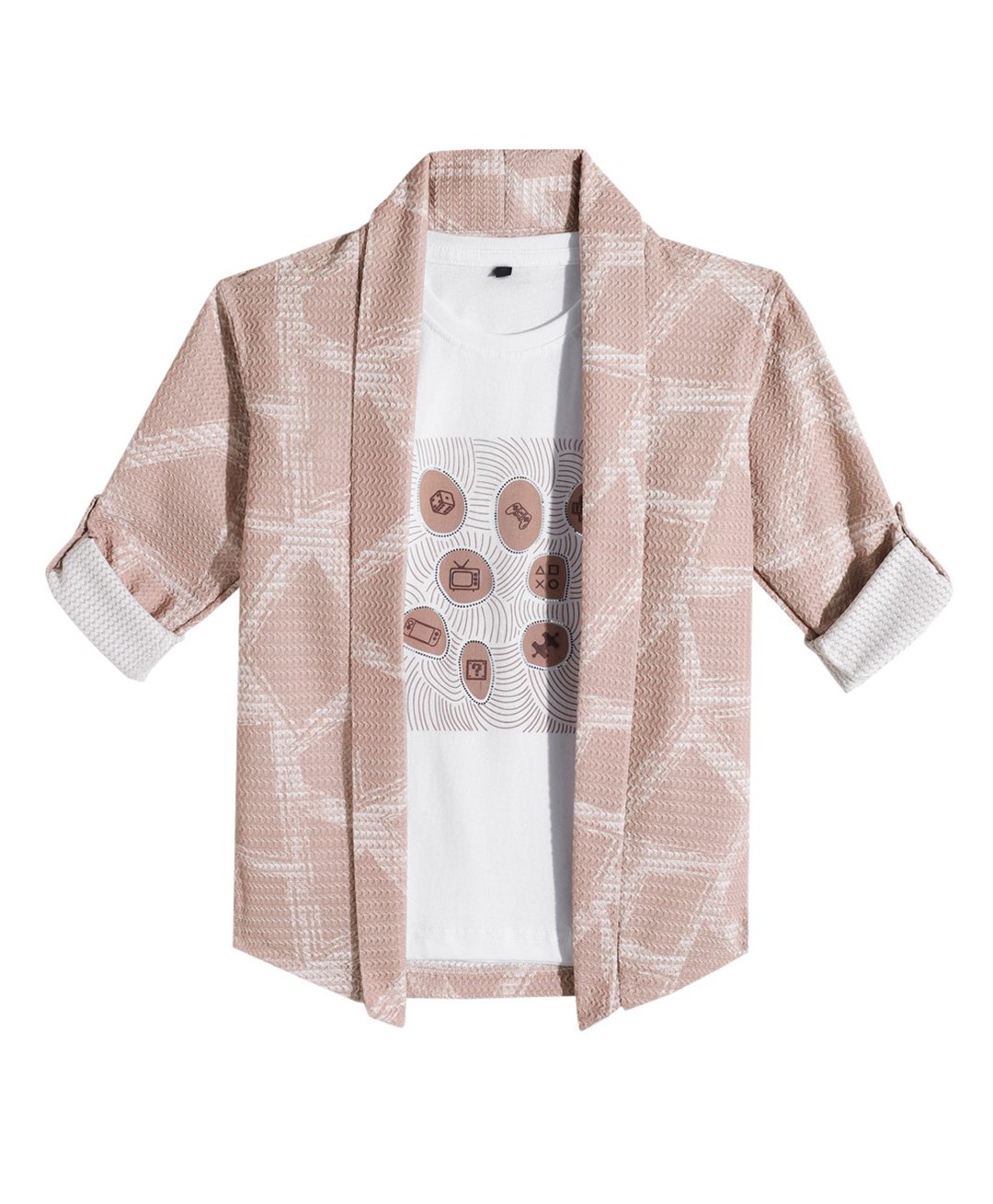Charchit Cotton Blend Woven Full Sleeves Abstract Printed Shirt With Inner Tee - Peach-picture-18