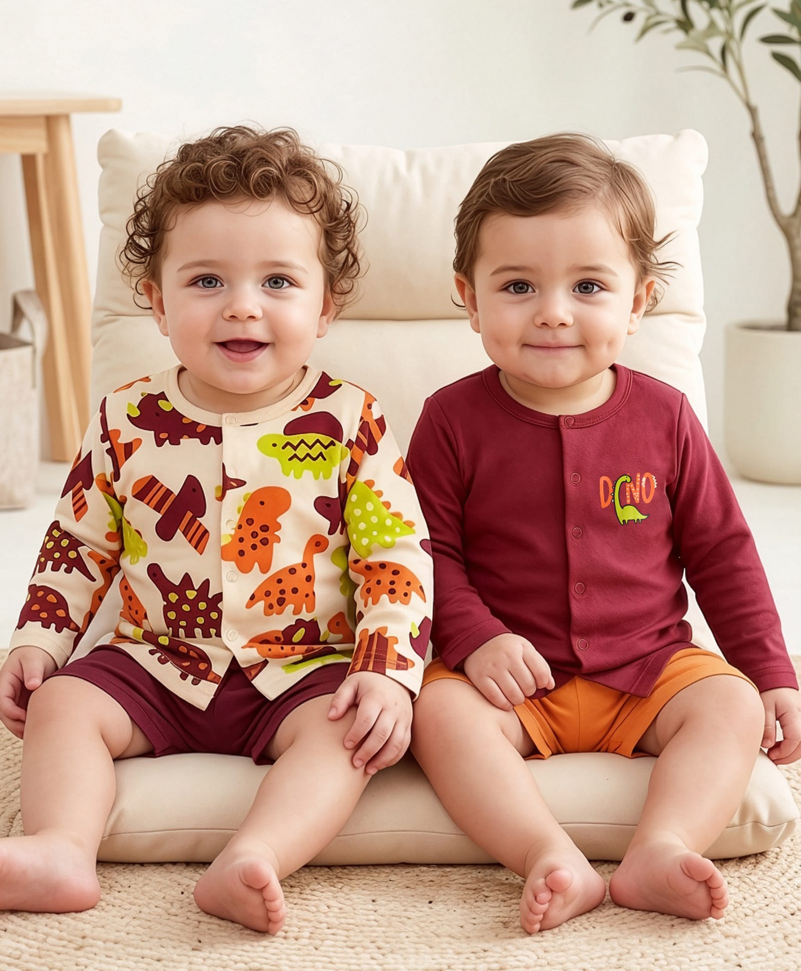 Babyoye 100% Cotton Knit Full Sleeves Dino Printed Jhablas Pack of 2 - Maroon & White-picture-20