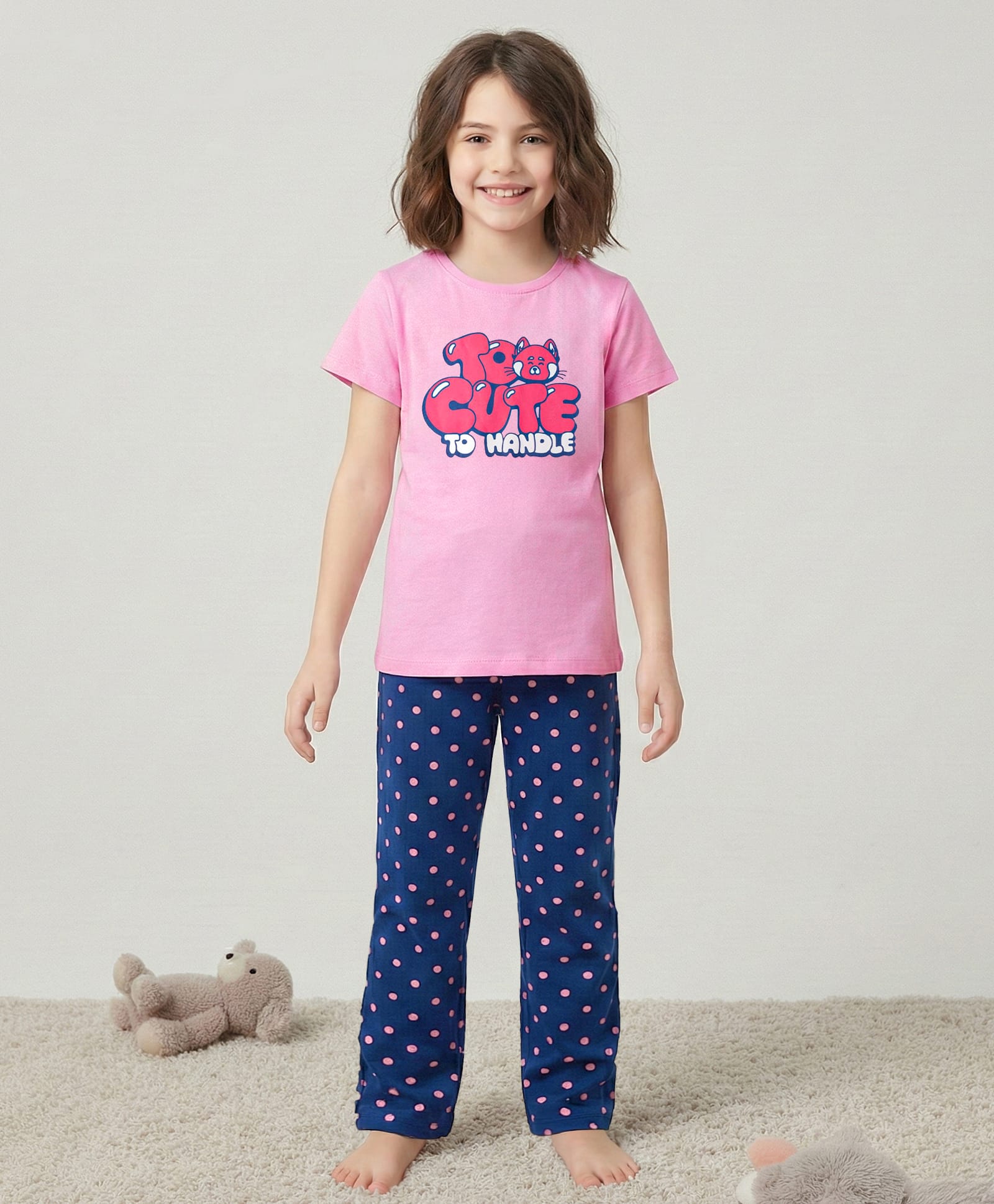 Pine Kids Cotton Knit Half Sleeves Capri Night Suit With Text Print - Pink & Blue-image-39