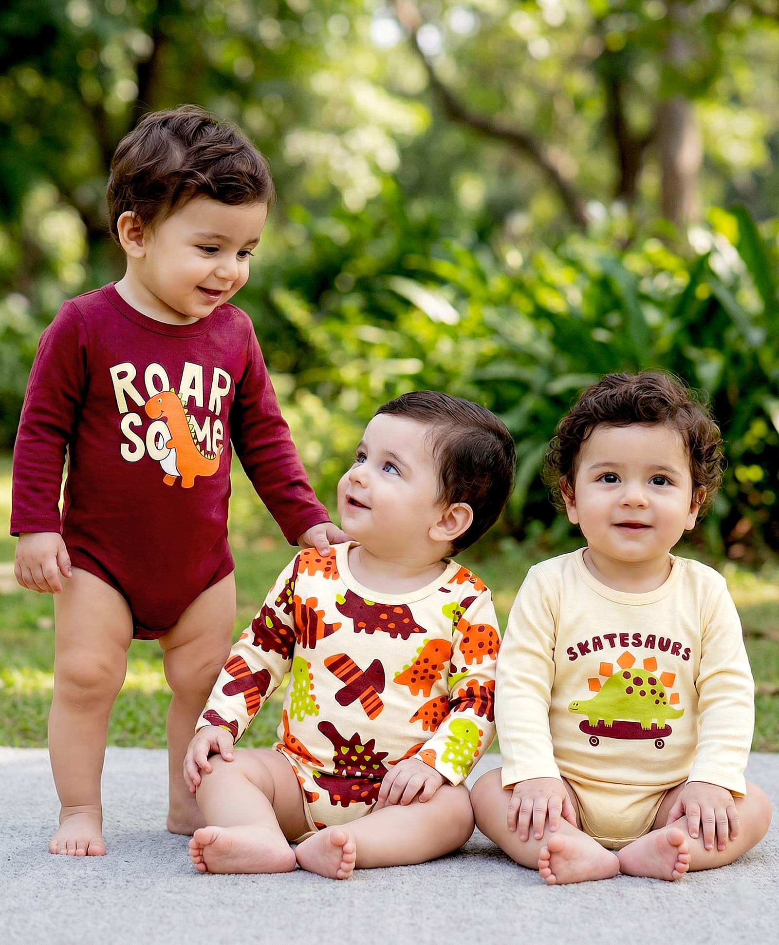 Babyoye 100% Cotton Knit Full Sleeves Dino Printed Onesies Pack of 3 - Cream & Maroon-image-34