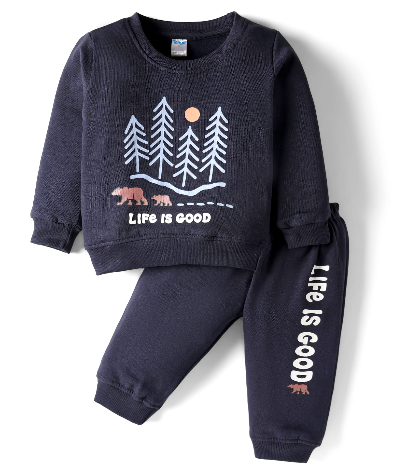 Tango Knit Full Sleeves Winter Wear Fleece Sweatshirt & Lounge Pant Set with Life is Good Print - Navy Blue-picture-22