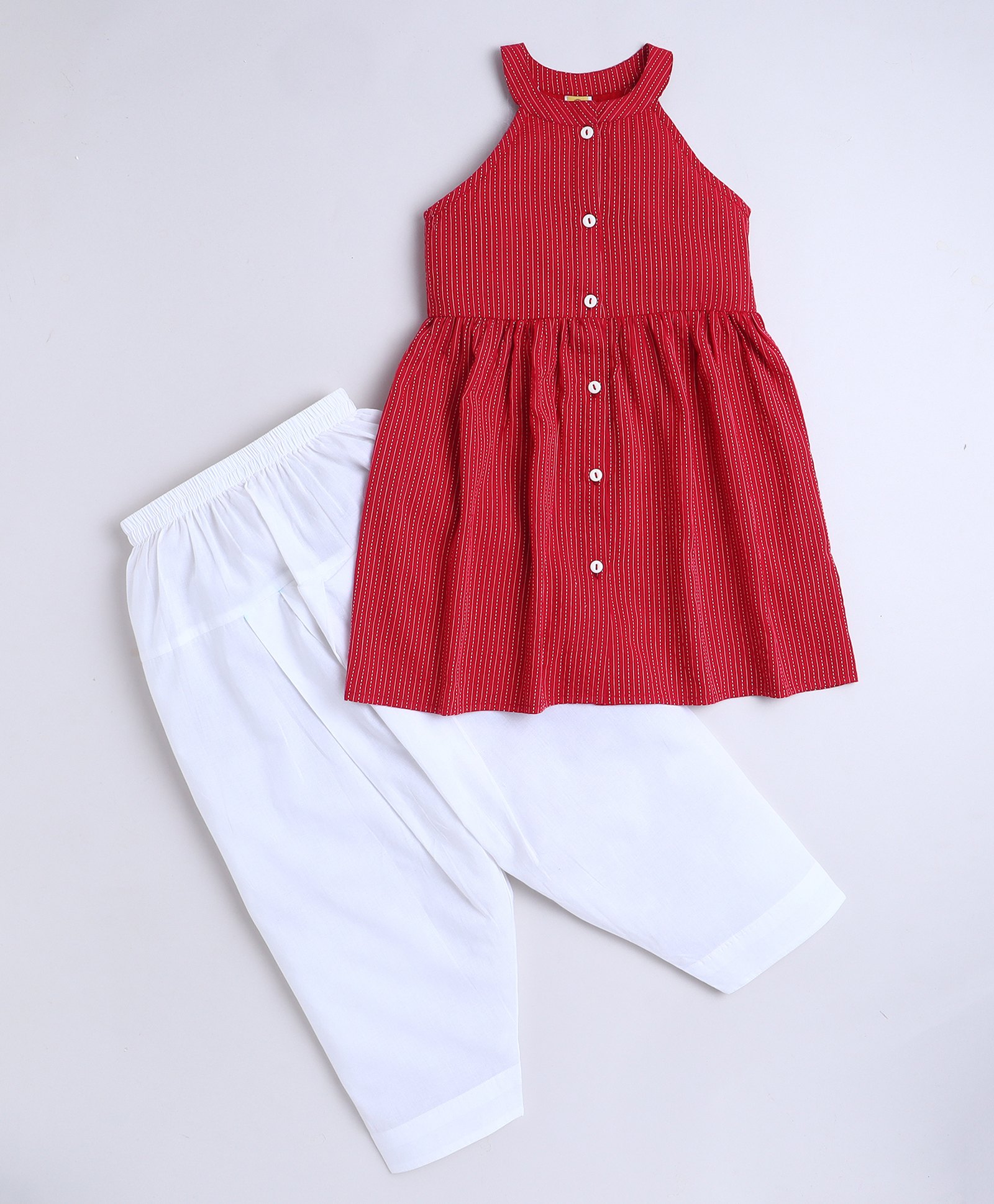 Aww Hunnie 100% Cotton Sleeveless Striped Thread Katha Work Detailed Kurta Salwar Set - Red-picture-24